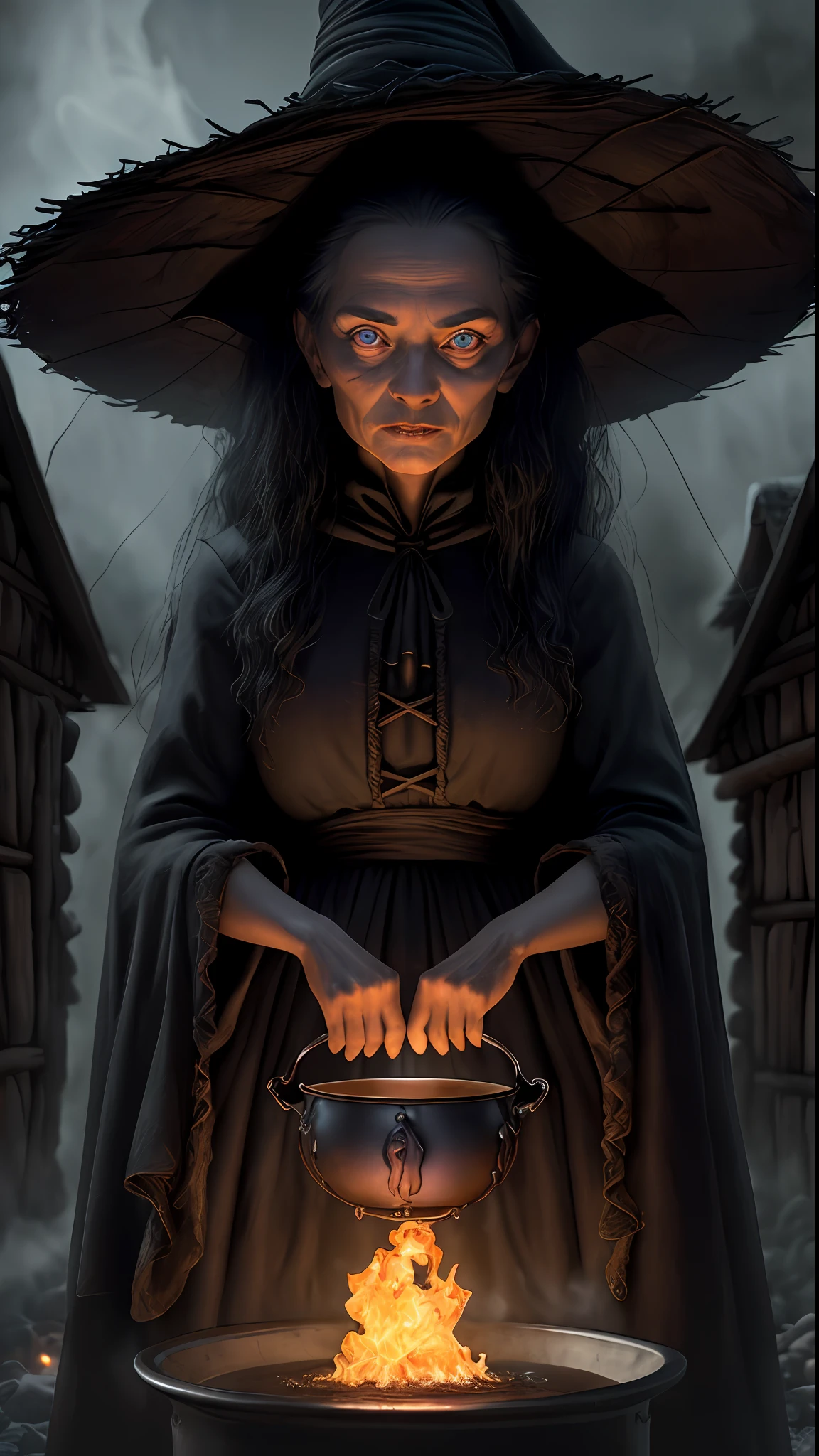 An evil witch in front of a gigantic cauldron with bubble and a glowing smoke coming out, Setting of a shadowy cabin all finished, ratos ao fundo e um gato preto com olhos brilhantes, arte conceitual ultra realista, arte conceitual altamente realista, hyperreal rendering, arte conceitual hiperrealista, arte conceitual hiperrealista, trending on polycount, Product rendering, ultra realistic 3d illustration, 3 d product render, hyper realistic detailed rendering