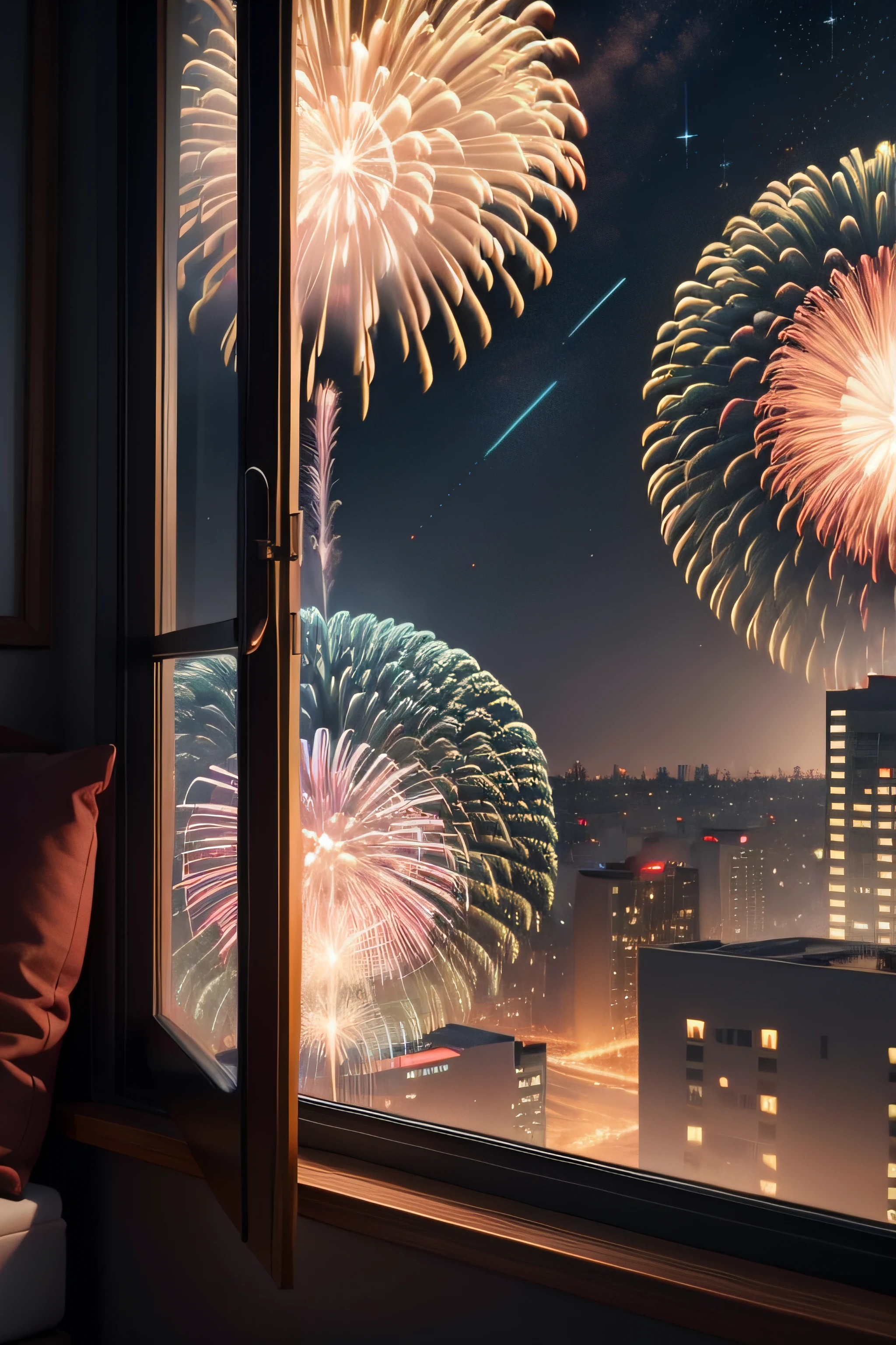 realistic and detailed image of New Year's fireworks in the sky seen from a window of a building
