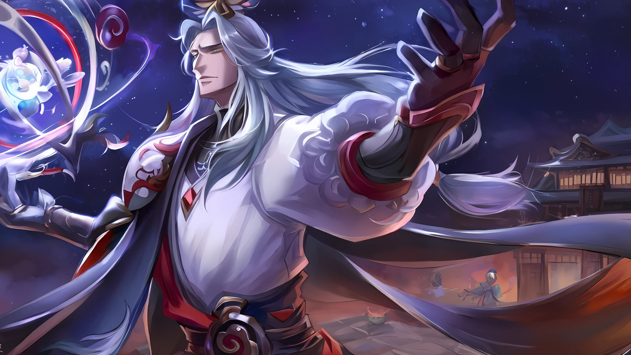 a closeup of a person holding a ball in a sky, Heise Jinyao, inspirado por Huang Shen, arte detalhada Onmyoji, Onmyoji, divindade de cabelos brancos, inspirado em Shen Zhou, xianxia hero, Bian Lian, Deus da Lua, Retrato de Onmyoji, Zhao Yun, inspirado em Shen Quan, inspirado em Hu Zaobin
