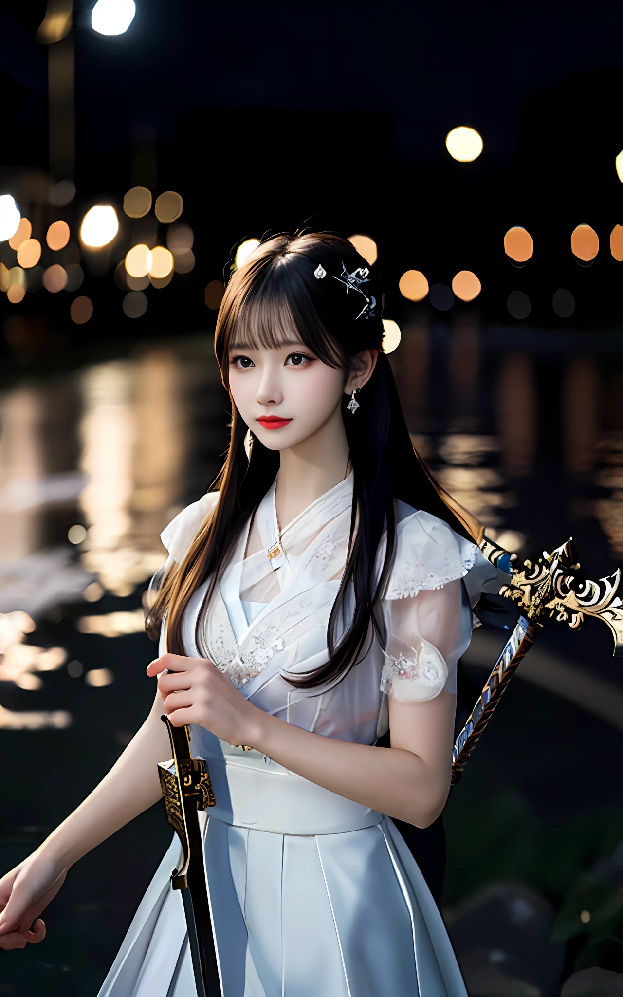 (realisticity: 1.2), best quality,masterpiece,highres,cg,
1girl,weapon,sword,long hair,dress,water,solo,jewelry,white dress,earrings,hair ornament,splashing,upper body,hair bun,black hair, city bacgraun realistis,
lighting,candid,Photograph,high resolution,4k,8k,Bokeh,