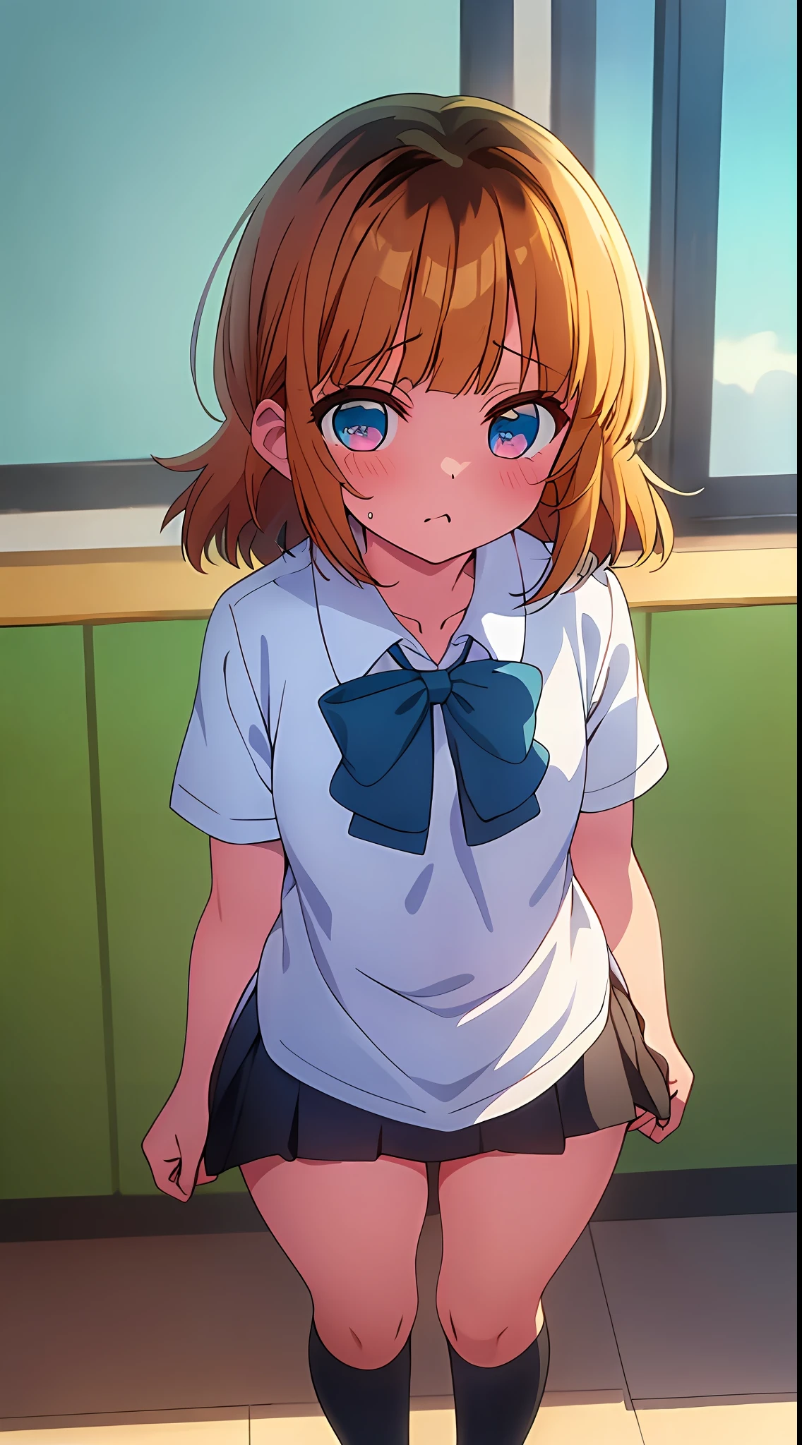 Full body, full body illustration, best illustration, ren,
Hineno High School Uniform, (((Best Quality)), ((Masterpiece)), (Details: 1.4), Anatomical, Award-winning concept art, Beautiful, Fine Detail, Portrait, Look Viewer, (Full Body View)), 1 Girl, Full Body, Solo, 6 Years Oldor, Golden and Brown Hair, Short Hair, Bnd Pink Eyes, Big Eyes, Underwear, Panties, Skirt, White Panties, Wet, Shirt, Wet Clothes, skirt lift, blush, classroom, navel, clothing lift, simple background, lifting clothes, white shirt, uniform, Japan cute uniform, look away, short sleeve, loli, skinny, elementary, school movie Last Scene direction, loli, baby face, cute, young appearance, fantastic visl depiofessional effect, beautiful girl, petite girl, sweaty transparent clothes, unevenness, absurdity,