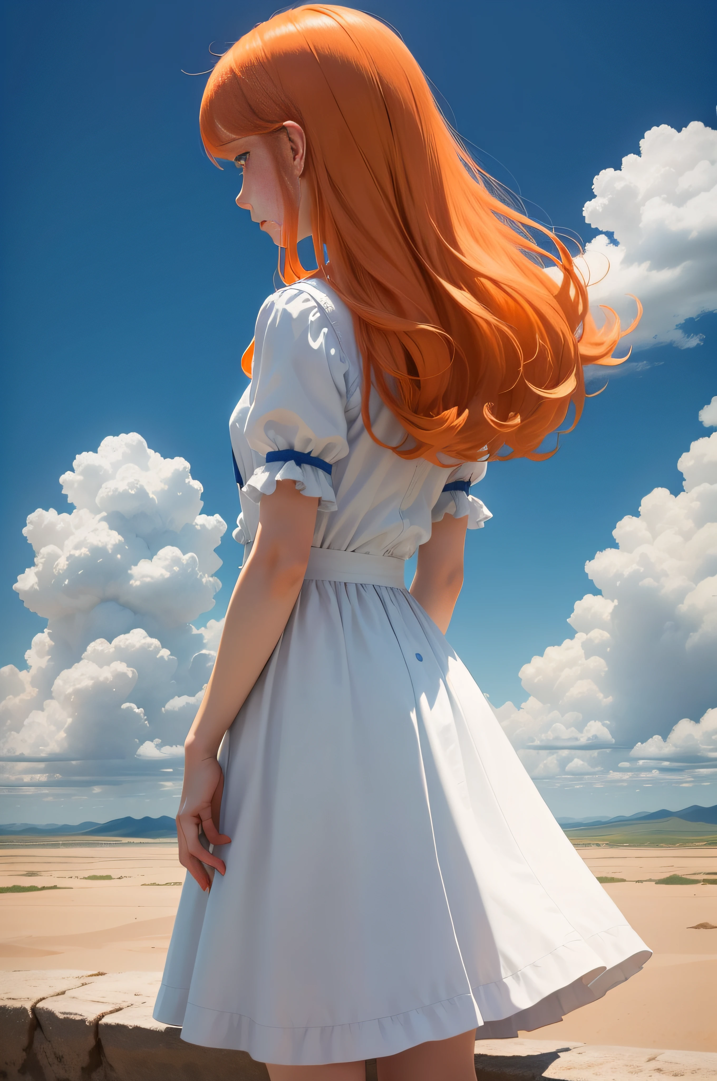 Simple，quadratic element，No complicated lines，illustratio，The whole picture is a blue sky and white clouds on the plain，Then a girl with long orange hair stood tiny on the plain，Top view，