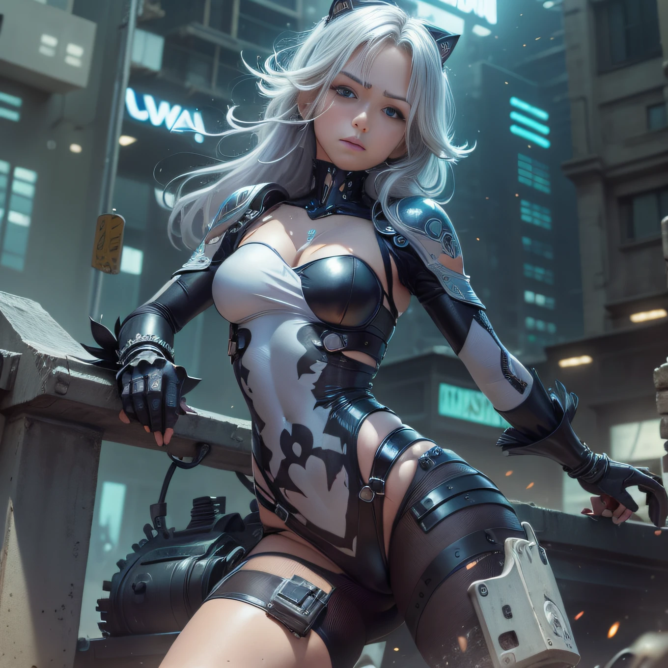 (Foto RAW, highest qualityr, Obra maestra: 1.2), (realista, fotorrealista: 1.4), (Obra maestra: 1.4), (highest qualityr: 1.4), (Super detailed), 2b nier automata, ((Unidad Yorha no 2 tipo B)), ((alto contraste)), (high saturation), (Hermosos ojos de detalle), ((muy delicado y hermoso)), (manos encantadoras, Manos perfectas), ((Cinco dedos precisos, dedos hermosos femeninos)), (The background is a mechanical cybernetic city in ruins), 1 girl, solamente, Cabello largo, Bloqueo lateral, asymmetrical bangs, Hermoso cabello de vidrio detallado, bodysuit, Guantes negros, pechos grandes, Al aire libre, Ingesta de cabello, Traje imposible, Ropa imposible, mangas largas, Ver visor, Bikini grueso de cuero negro, cuero negro con superficie rugosa, cyber suit, Intricate pattern on the surface of the suit, piezas finas, Ojos azul claro, ( ropa muy brillante), piel tensa, Gran escote, vientre tonificado, Abdominales divididos, Brecha entre el muslo, muslos delgados, (Trasero apretado, small  hips, Small rear, Little tramp, cadera diminuta, lindo trasero, caderas delgadas), (piel brillante), (real), pose sexy, Cybernate_ Jawless, Machine Parts, Cybernate, Urbansamurai_v0.3, APAGADO_robot, robot, Mechaware, tattoo with pattern or letter on bare skin