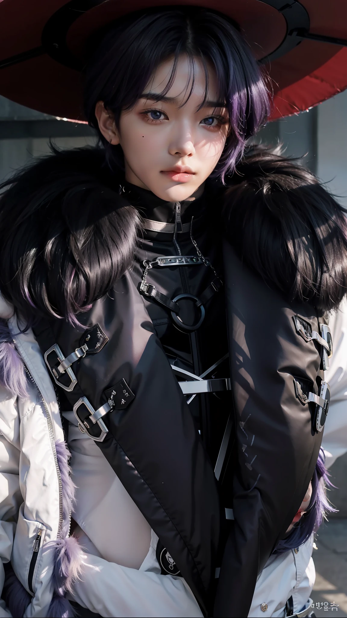 mtu，Korean face，Handsome men，cool guy，18yr old，Gay men, Deep purple eyes，short blue-purple hair，Qi bangs，Thick bangs，White skin of the，plain face，Black mink collar，Cinematic style，Film texture，Masterpiece, ccurate, Textured skin, Super detail, High details, High quality, 4K, Award-Awarded