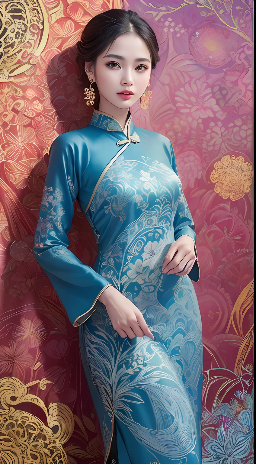 (Masterpiece, Top quality, Best quality, offcial art, Beautiful and aesthetic:1.2), (a beautiful girl in vintage aodai:1.3), Extremely detailed,(Fractal art:1.1),(Colorful:1.1)(Flowers:1.3),highest details,(zentangle:1.2), (Dynamic pose), (abstract backgrounds:1.3), (vietnam Traditional cloth:1.2), (Shiny skin), (many color:1.4), ,(Earrings:1.4),