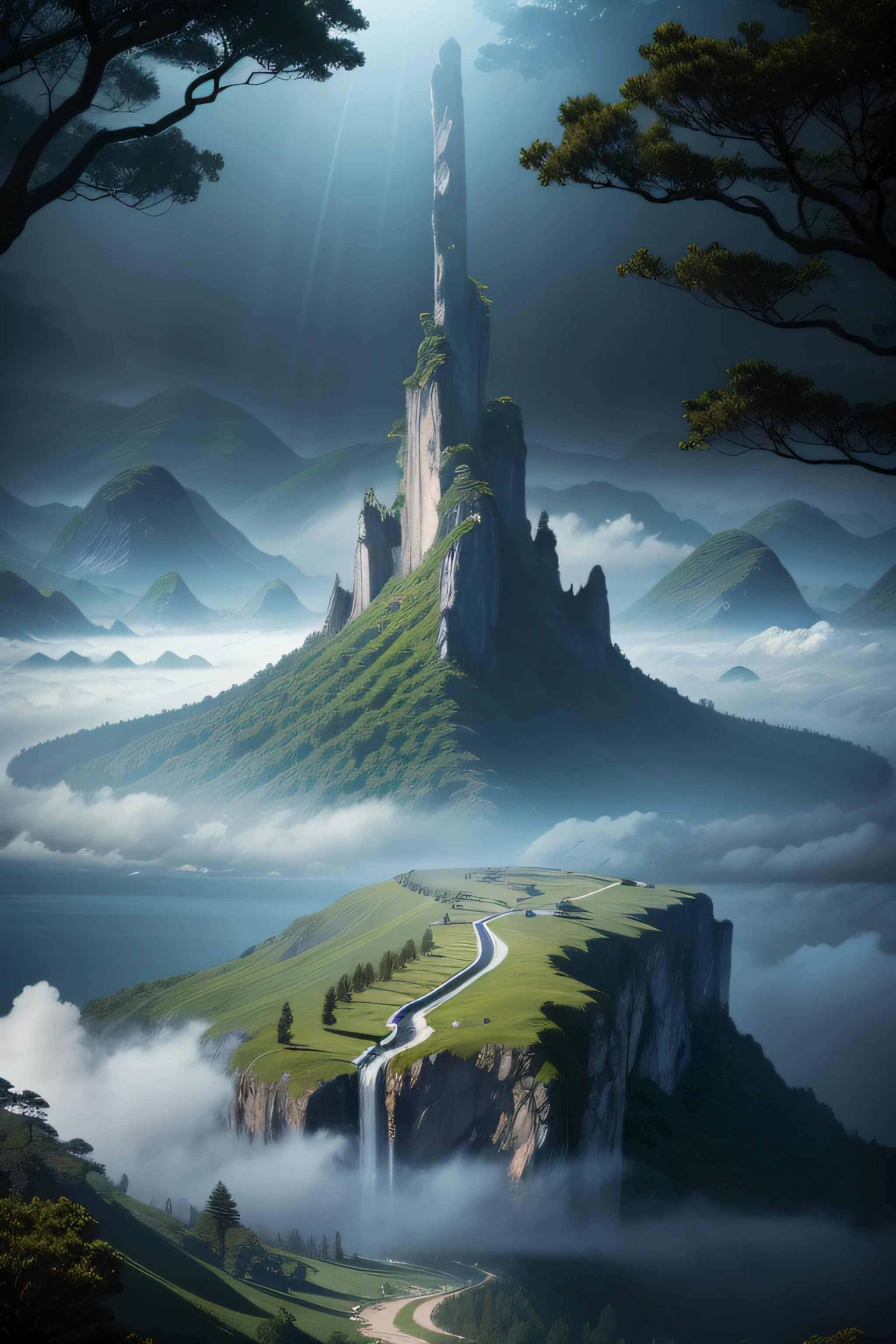 melhor qualidade, Ultra high resolution, (fotorrealista: 1.4), 8K分辨率, Island landscape with dark mist and trees that create a barrier across the island