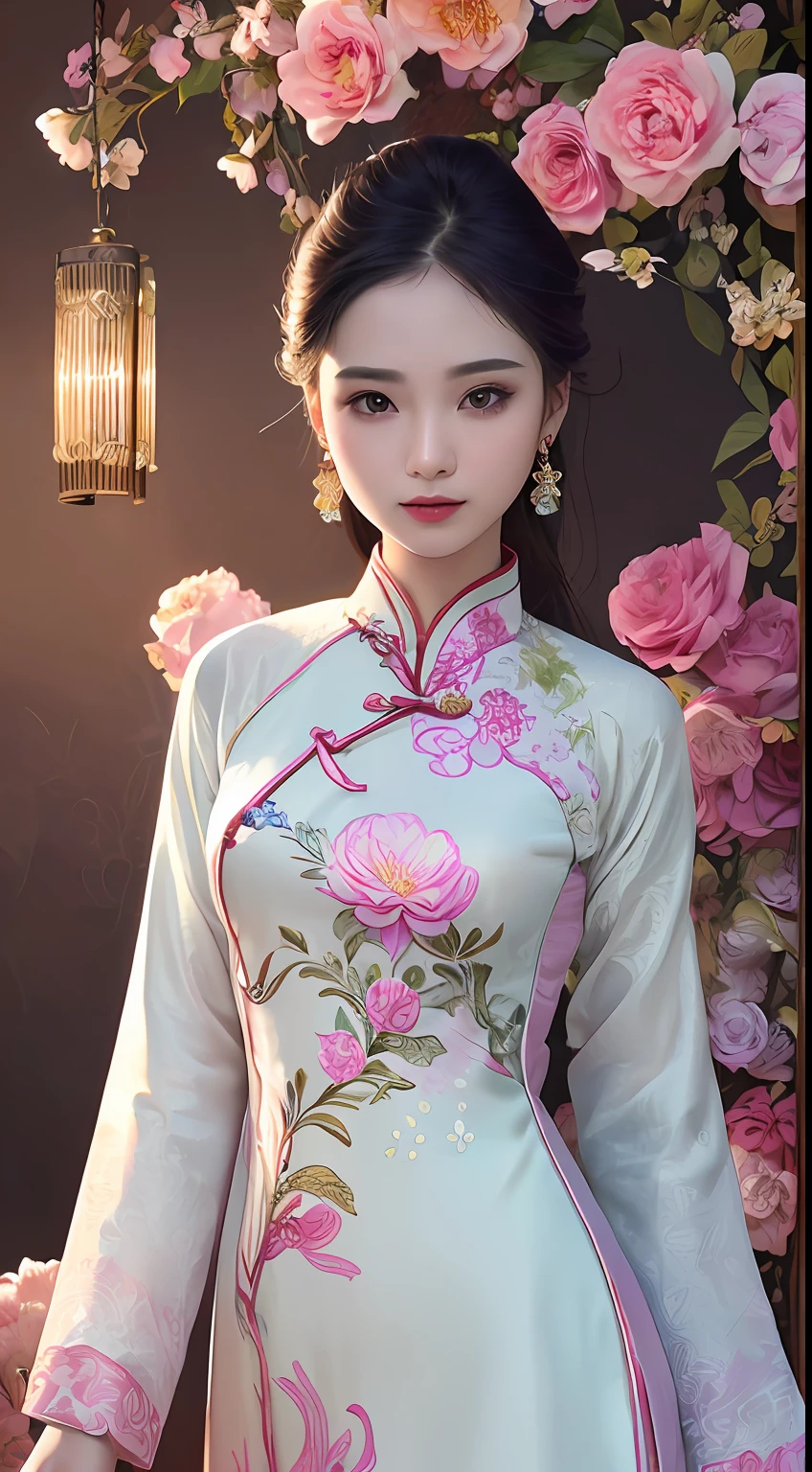 (Masterpiece, Top quality, Best quality, offcial art, Beautiful and aesthetic:1.2), (a beautiful girl in vintage aodai:1.3), Extremely detailed,(Fractal art:1.1),(Colorful:1.1)(Flowers:1.3),highest details,(zentangle:1.2), (Dynamic pose), (abstract backgrounds:1.3), (vietnam Traditional cloth:1.2), (Shiny skin), (many color:1.4), ,(Earrings:1.4),
