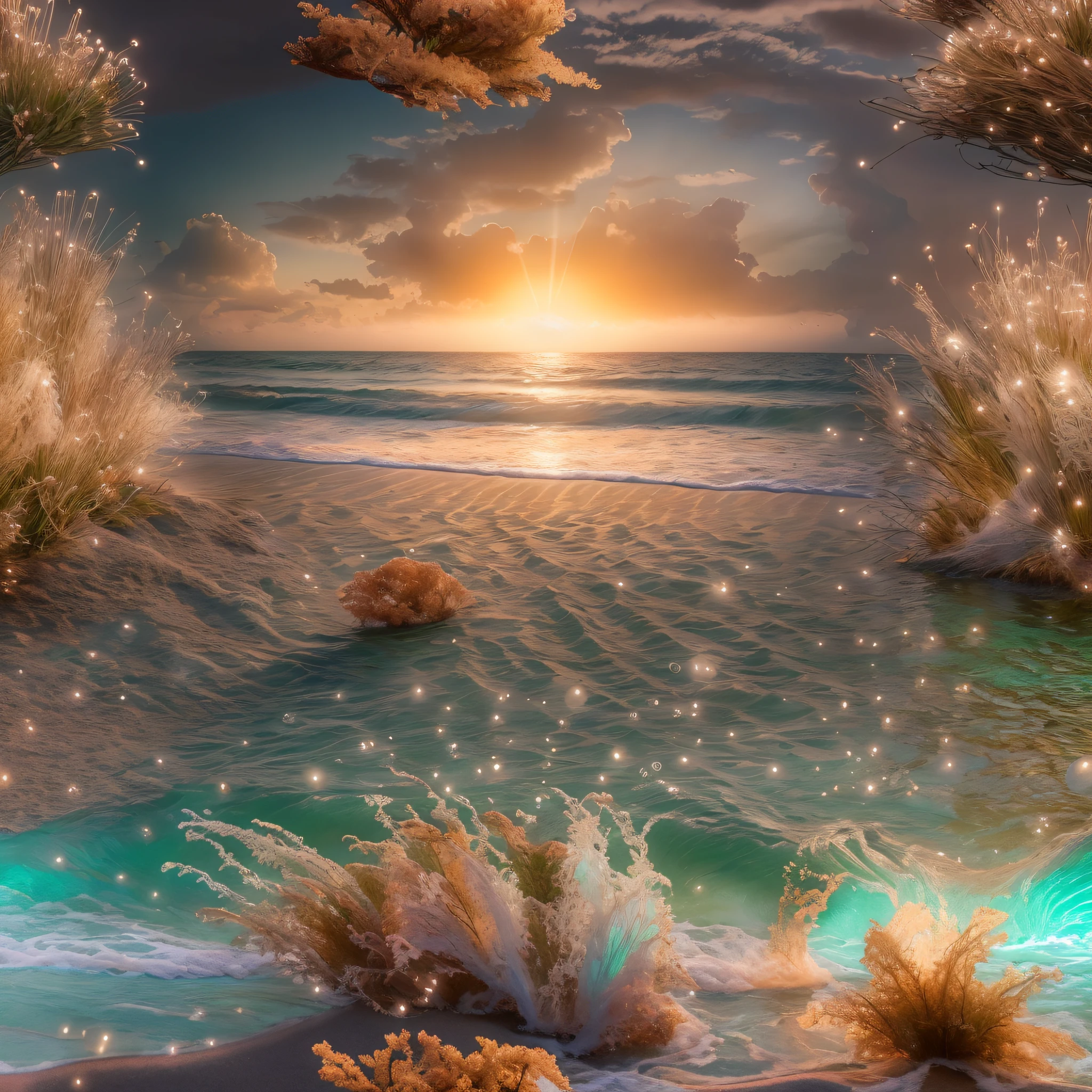 beach view with fantasy inside, steam, sunset, flowers, masterpiece, best quality, ultra high res, RAW, Mirleft, splashing rainbows, waves crashing, sand, foam, opalescent, (Photoluminescence water), bioluminescence, clear, Cinematic RAW photo, hyper real photo, ultrarealistic, 8k uhd, dslr, soft lighting, high quality, film grain, Fujifilm XT3, photographed on a Kodak Retina II Sanyo Xacti VPC-CA6, 50mm lens, Wide Angle, HDR, hyper-realistic, colorgraded, volumetric lighting, [volumetric fog, moist], shallow depth of field, reflections, photo, (sparkling), glistening, (iridescent), glimmering, clear, shimmering, mystical, enchanting, glittering, Morocco, exotic, (masterpiece) (best quality) (detailed) (8k) (HDR) (wallpaper) (cinematic lighting) (sharp focus) (intricate), romantic, celestial