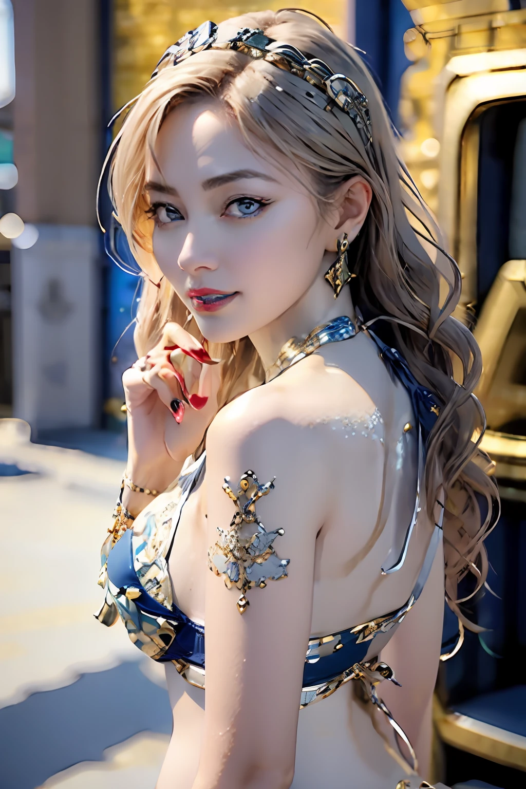 Ultra-detailed complex 3D rendering of faces、(​masterpiece、top-quality、octan render、)、Glamour shot full body image、Very beautiful young elf、 cleavage of the breast、(highlydetailed skin:1.2)、(Pubic hair shows through:1.1)、(((Blue and gold micro bikini and jewelry:1.95))))。、８K、((Very soft breasts))、((noticeable large pink areola))、Beautiful Caucasian woman with big buttocks full soft breasts and white skin、1 persons、Long braided hair、huge-breasted、dynamic ungle,((Jewel magic wand with details in hand)) 、hyper realistic photography、(((a blond)))、（futuristic city backdrop）、face muscles、(((Detailed and ornate diamond crown))))、In the style of Marvel Comics、 ArtStation Trends, Clear focus, intricate detailes, ighly detailed, Detailed green eyes, foco nítido, a digital rendering, proffesional、abdominals、glowy skin、sexypose、（Golden tattoos all over the body）、Golden lame skin、Mansuji、s ass、（Jewel the whole body）、It has silver scales）、a blond、Seductive look、Detailed and beautiful white teeth、Jewel Magic Wand、