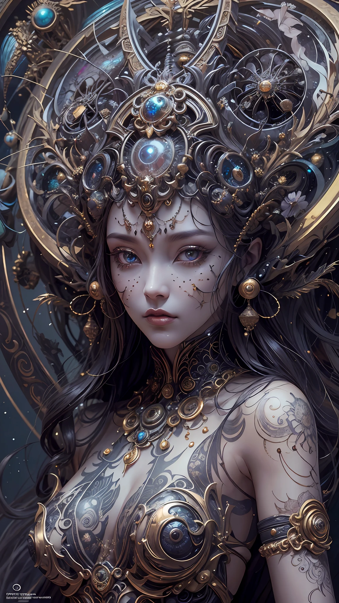 (best qualtiy,ultra - detailed,Most Best Illustration,Best shadow,tmasterpiece,A high resolution,professionalartwork,famousartwork),Detailed eyes,beautidful eyes,closeup cleavage,sci-fy,colored sclera,Robot eyes,face markings,Tattooed with,(fractalized,Fractal eyes),largeeyes,Wide eyes,(Eye focus),sface focus,Cosmic eyes,Space eyes,Close-up of metal sculpture of a woman with a moon in her hair,goddes。extremly high detail,3 d goddess portrait,Extremely detailed footage of the goddess,a stunning portrait of a goddess,Side image of the goddess,portrait of a beautiful goddess,Full body close-up portrait of the goddess,hecate goddess,portrait of a norse moon goddess,goddess of space and time