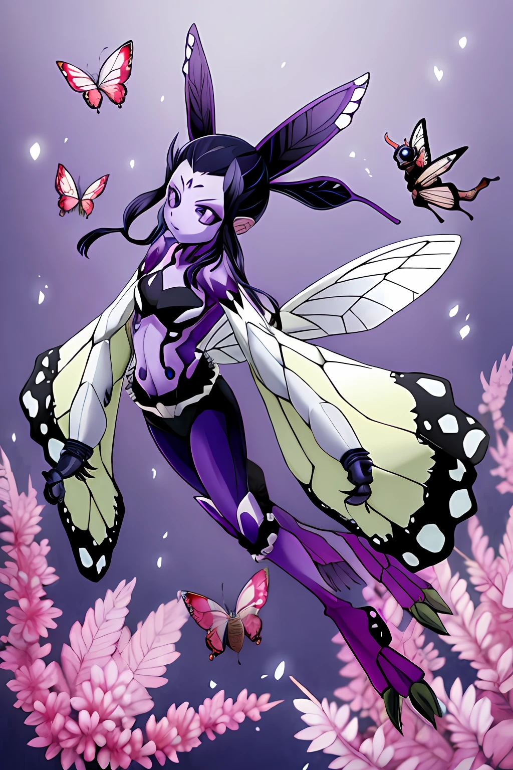 Kochou Shinobu as a Digimon, 1girl,masterpiece, multicolored hair, long sleeves, purple eyes, Insect , fairy ,Butterfly like, digimon\(creature\),((Purple Skin)), Butterfly wing, Insectoid arms ((,insect limbs))