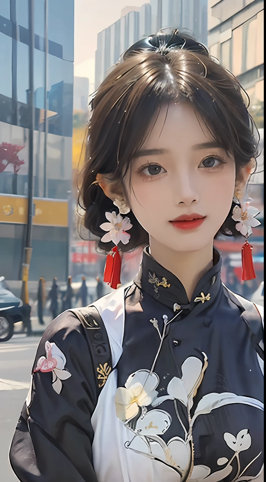 (Masterpiece, Top quality, Best quality, offcial art, Beautiful and aesthetic:1.2), (a beautiful girl in vintage aodai:1.3), Extremely detailed,(Fractal art:1.1),(Colorful:1.1)(Flowers:1.3),highest details,(zentangle:1.2), (Dynamic pose), street, Cyberpunk, (vietnam Traditional aodai:1.2), (Shiny skin), (many color:1.4), ,(Earrings:1.4),