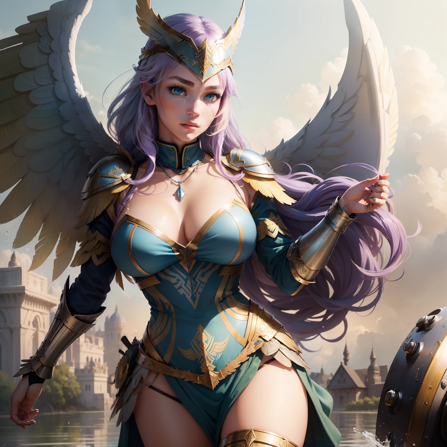 (valkyrie:1.5)Beautiful picture，Extremely delicate，Advanced painting effects，Beautifully depicted，Attention to detail，High- sharpness，dynamic angle，Dynamic pose，The heroine is one(blue eyes+Colorful hair:1.3+silber hair+redheadwear+Purple hair big breasts+Yellow-haired+Green hair:1.3)，Dressed in white fairy costumes，Details adorn the necklace，beautiful countenance，The shot is full of water droplets，Clouds，twilight，Wide view，the watercolor style。(Be aware of: The weights in Prompt are schematic，Not true weights)