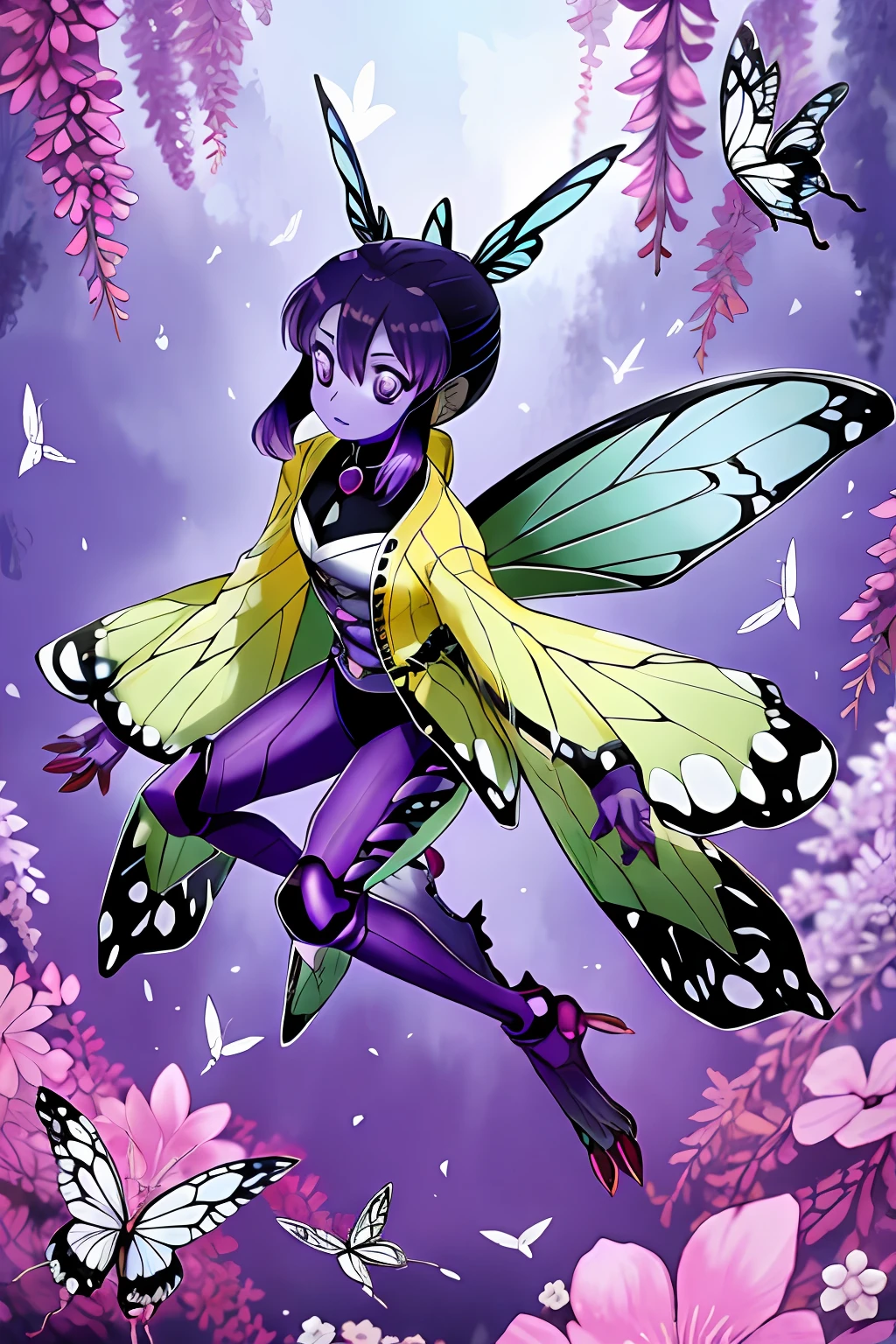 Kochou Shinobu as a Digimon, 1girl,masterpiece, multicolored hair, long sleeves, purple eyes, Insect , fairy ,Butterfly like, digimon\(creature\),((Purple Skin)), Butterfly wing, Insectoid arms ((,insect limbs))
