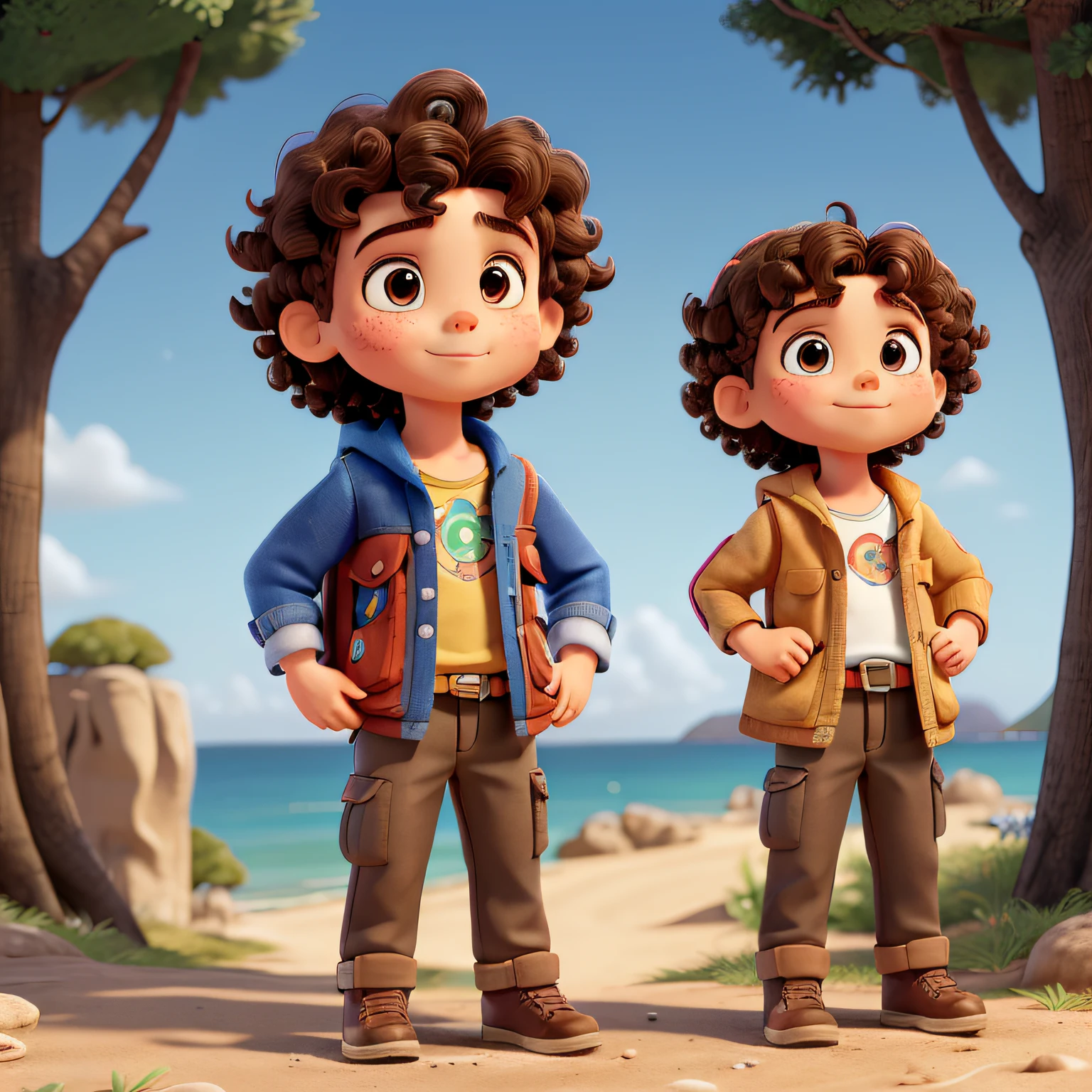 Max - O Pequeno Explorador:
Max is a fearless adventurer, por volta de 9 anos. Her curly hair is disheveled, and adorable freckles dot her cheeks. Vestindo uma jaqueta resistente com muitos bolsos para guardar seus tesouros naturais, He sports an animal-print shirt and rolled-up pants, Pronto para aventuras ao ar livre. He carries a compass on a cord around his neck and a map in his hands, Liderando o caminho com entusiasmo e coragem.