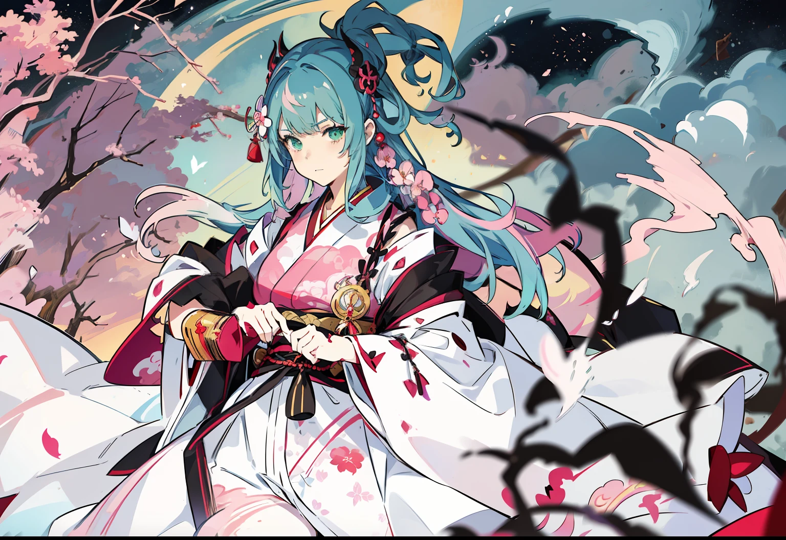Demon Slayer: Kanroji Mitsuri (Kanroji Mitsuri, Kanroji Mitsuri) is one of the characters in the Japanese anime "Demon Slayer", the love column in the Demon Slayer Team, a pink-haired woman with green eyes, There are tear moles under the eyes. She is lively and cheerful, in fighting state, anime style, realistic brush strokes, fine brush strokes, wrapped, ferrania p30, paul bassen, a character in a demon slayer female kimono costume, against the background of clouds, woods, artgerm style , pink and green, night core, tintoretto, lively action pose, leather/leather, 16K --ar 2:3 --niji 5