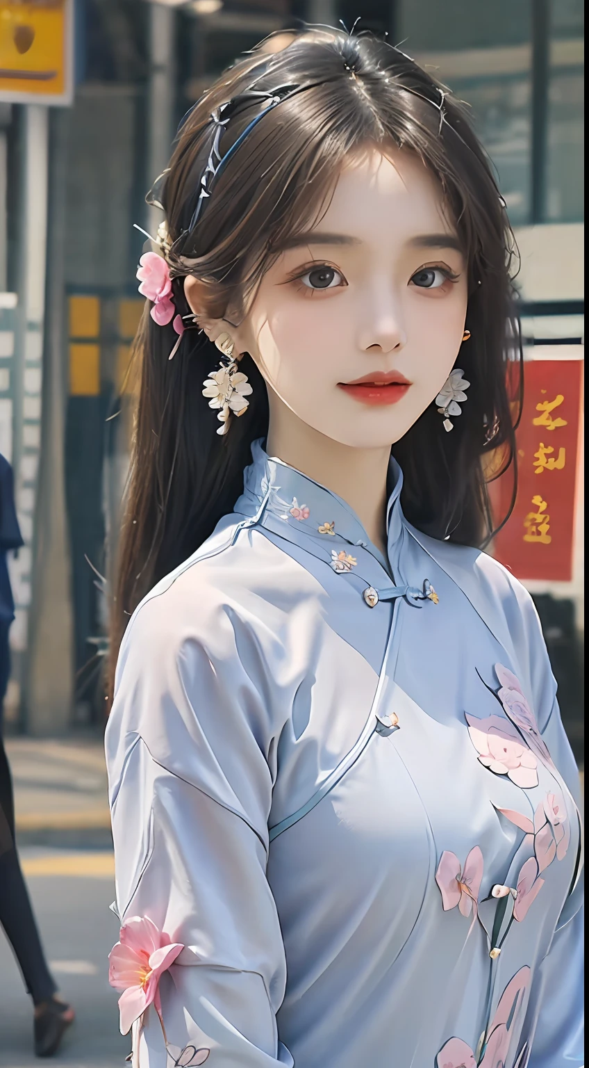 (Masterpiece, Top quality, Best quality, offcial art, Beautiful and aesthetic:1.2), (a beautiful girl in vintage aodai:1.3), Extremely detailed,(Fractal art:1.1),(Colorful:1.1)(Flowers:1.3),highest details,(zentangle:1.2), (Dynamic pose), street, Cyberpunk, (vietnam Traditional aodai:1.2), (Shiny skin), (many color:1.4), ,(Earrings:1.4),