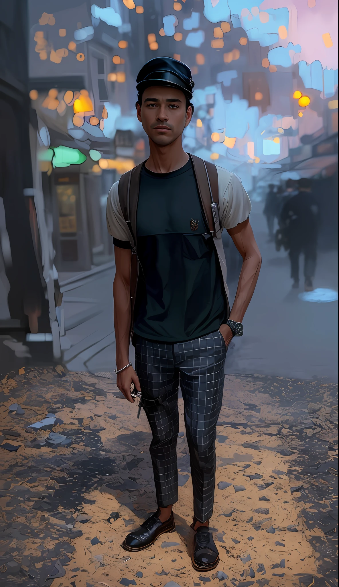 photo of (MCHasDex:0.99), a man as a detective, (walking down a street at night), (holstered gun), modelshoot style, (extremely detailed CG unity 8k wallpaper), photo of the most beautiful artwork in the world, professional majestic oil painting by Ed Blinkey, Atey Ghailan, Studio Ghibli, by Jeremy Mann, Greg Manchess, Antonio Moro, trending on ArtStation, trending on CGSociety, Intricate, High Detail, Sharp focus, dramatic, photorealistic painting art by midjourney and greg rutkowski, (wearing a fedora:1.1), (looking at viewer), (detailed pupils:1.3), closeup