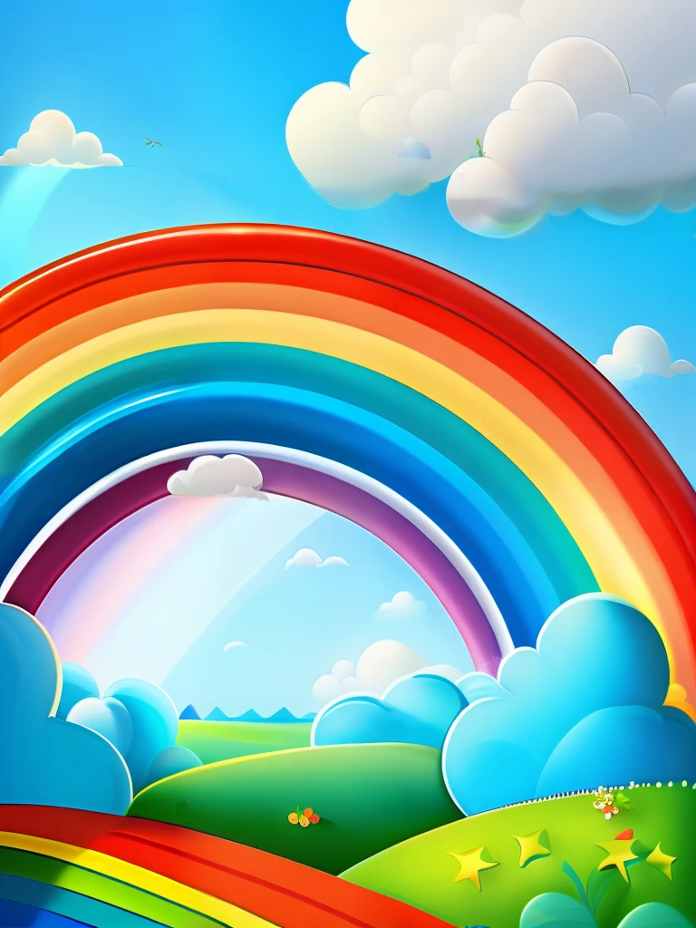 A landscape with a bright blue sky and a rainbow that stretches over a lush green field. Each color of the rainbow is well defined and intense, magica, children's picture book