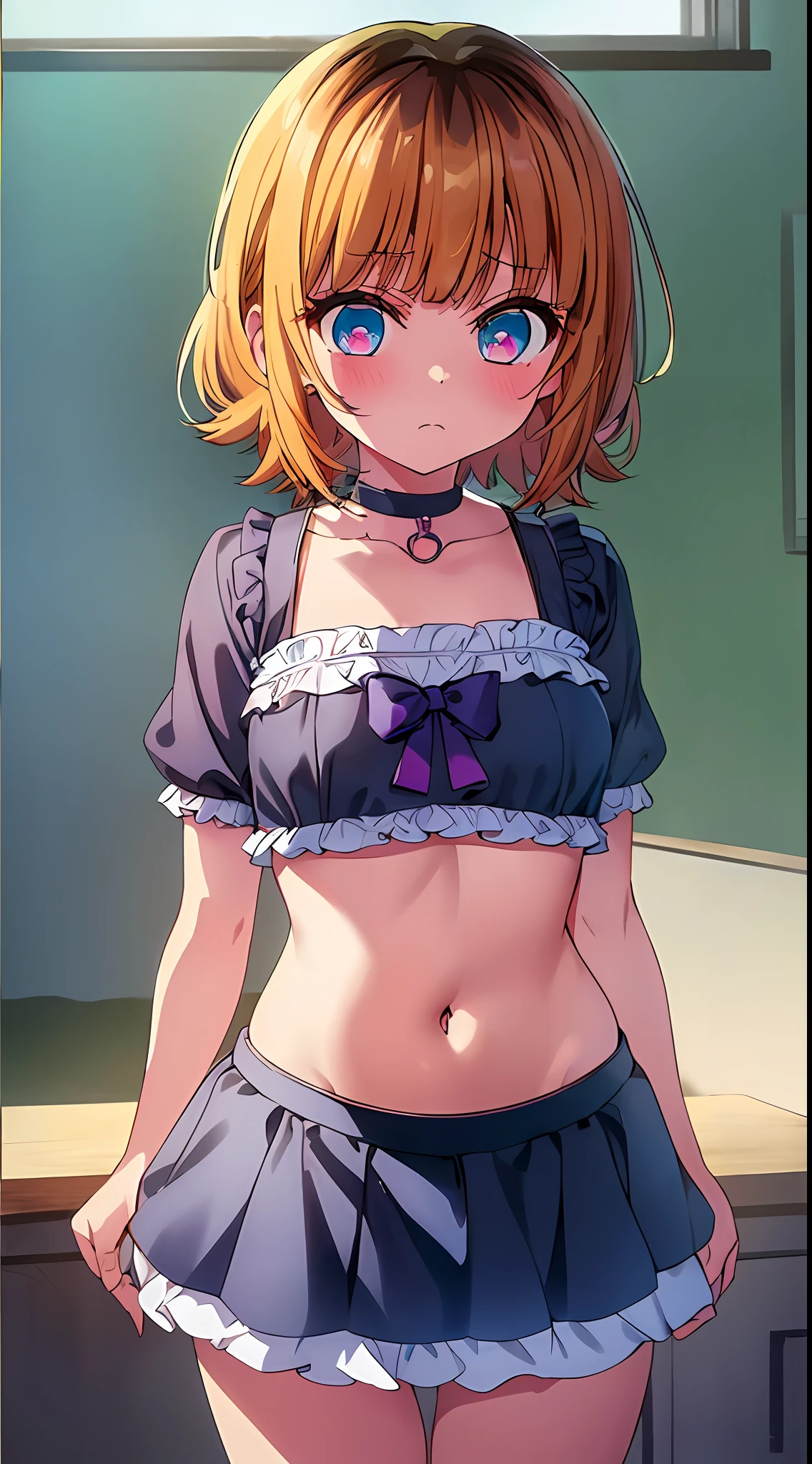 Full Body, Full Body Illustration, Best Illustration, , (((Best Quality)), ((Masterpiece)), (Details: 1.4), Anatomical, Award-winning concept art, Beautiful, fine details, portraits, Look at the Viewer, ((Show Full Body)), 1 Girl, Full Body, Solo, 3 Years Old, ld Actor, Golden and Brown Hair, Short Hair, Blue and Pink Eyes, Big Eyes, Vine Peta, Cute Ruffled Underwear, Panties, Skirt, White panties, Wet, Shirt, Wet clothes, Skirt lift, Blush, Classroom, Navel out, Clothes lift,Simple background, Lift yourself, Show bra, Idol fashion, Ruffles, Look away, Short sleeves, loli, skinny, elemenry school, las loli, child, cute, young, juvenile, you appearance,, fantastic visual depiction, professional effects, Beautiful girl, petite girl, city see-through material, uenness, absurdity,