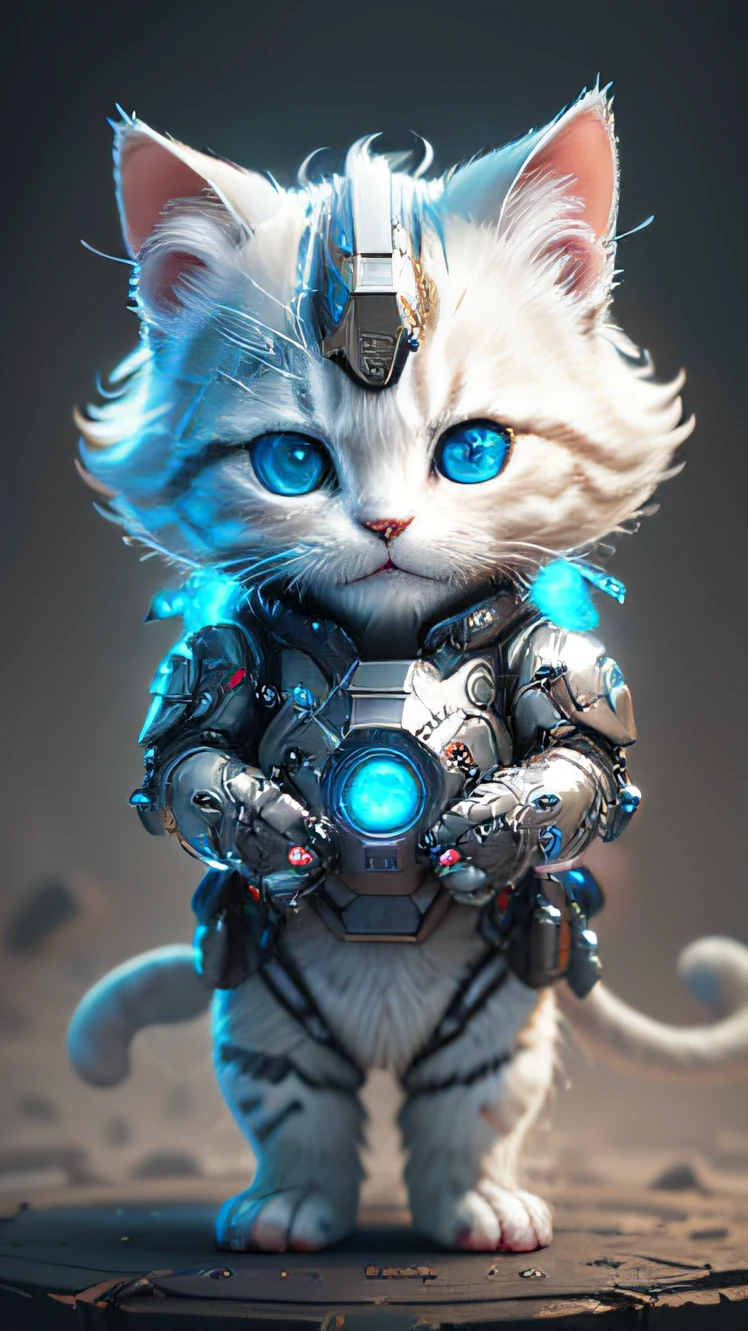 A cute metallic white fur kitten，(Cyborg man:1.1)，([Tail|detailed wire]:1.3)，(complexdetails)，hdr，(complexdetails，ultra - detailed:1.2)，Cinema lenses，Halo shadow，at centre，White-haired kitten！！！blue color eyes，blue colors，ssmile，Funny，crystal，brightly