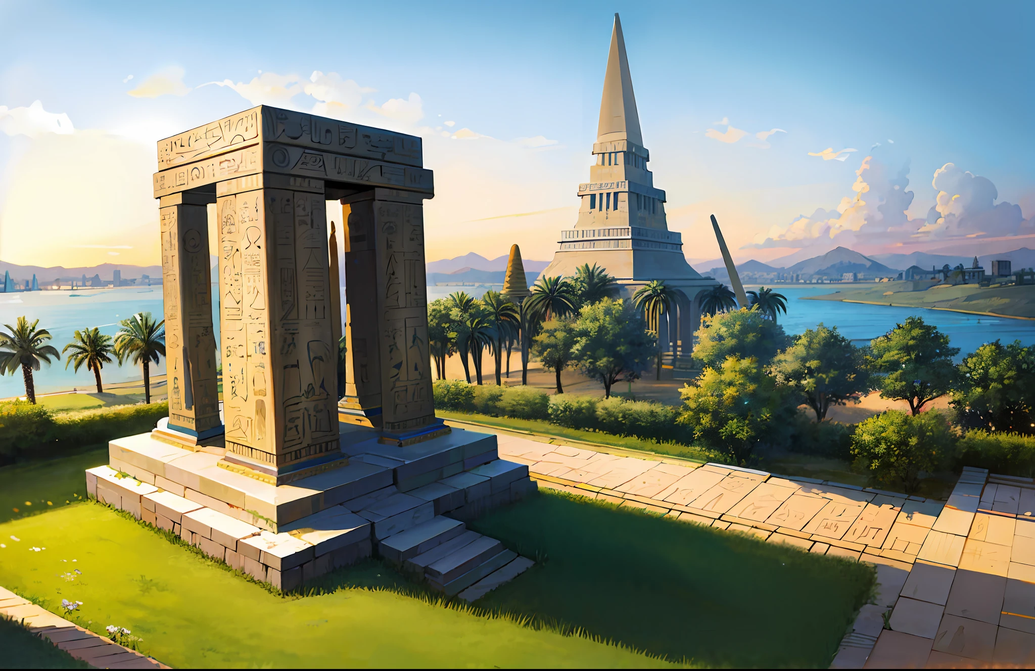 Magnificent ancient Egyptian-style temple，Ancient Egyptian temples，Ancient Egyptian temples，obelisk，Nile River，setting sun，epic sense，Sense of grandeur