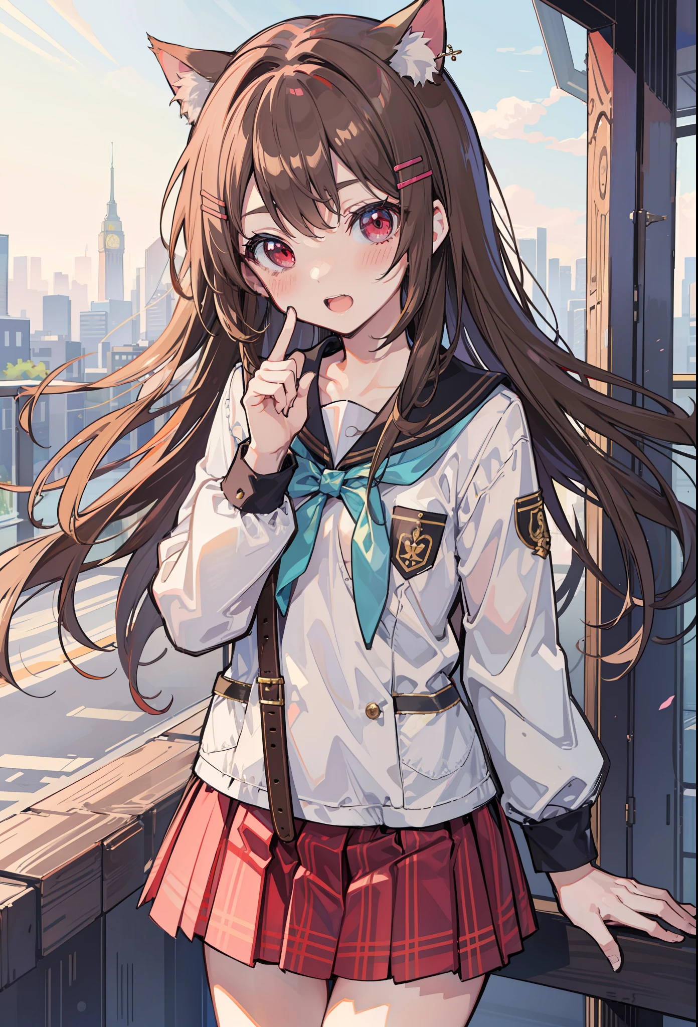 Long hair, Light brown hair, hair pin,1girll, Cat girl, Flat chest, Red eyes,teens girl,Blush,A high resolution,delight,Morning,Girls' uniform