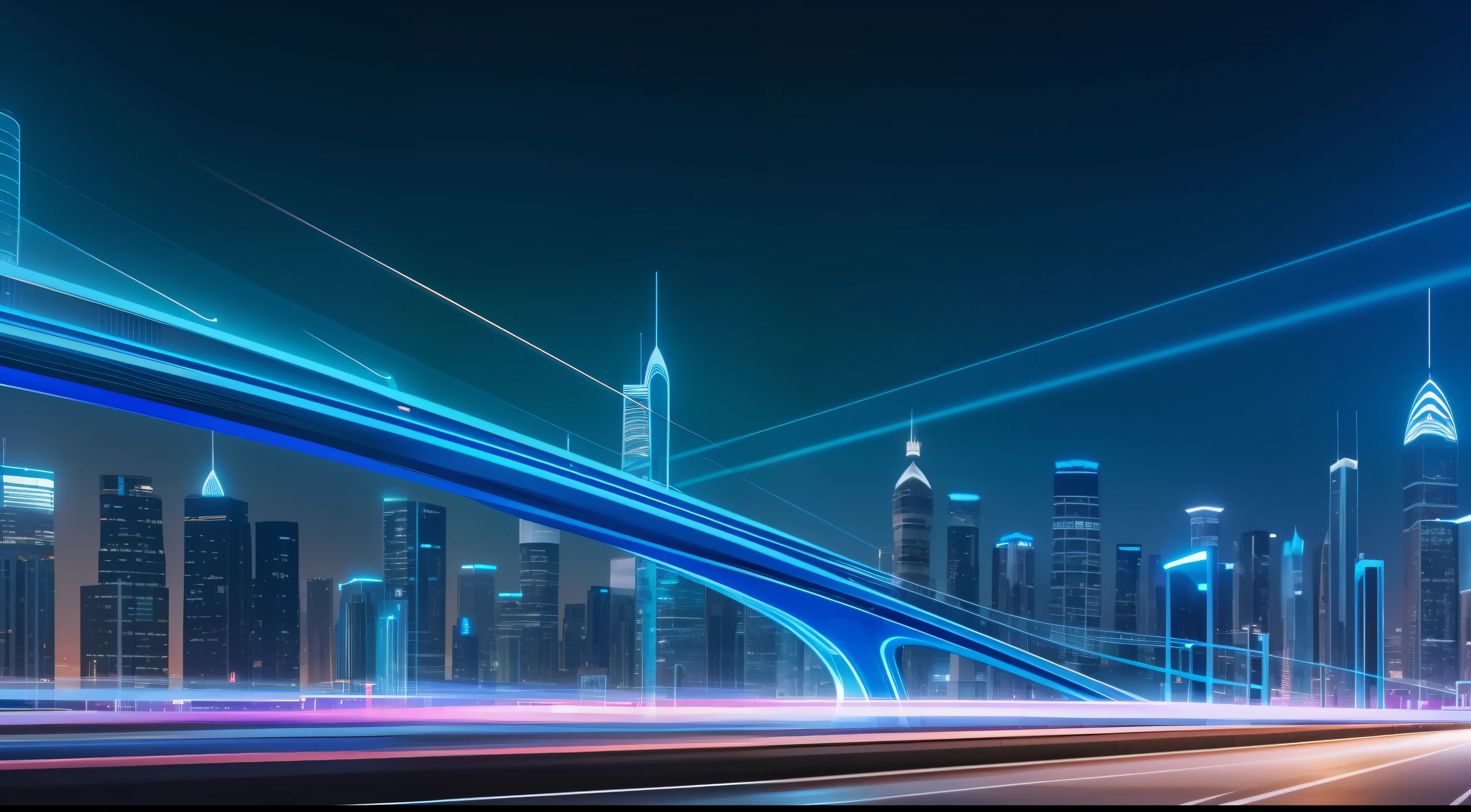 blue colors，Rich and intricate details，Future curve abstract style，Technology elements，AI-generated images of technology present visually appealing futuristic scenarios。In the foreground，The city and highway complexes of the future transparent material give off a soft and ethereal glow。Holograms show complex patterns、Visualize data and vibrant colors，It represents the fusion of information and innovation。A high resolution