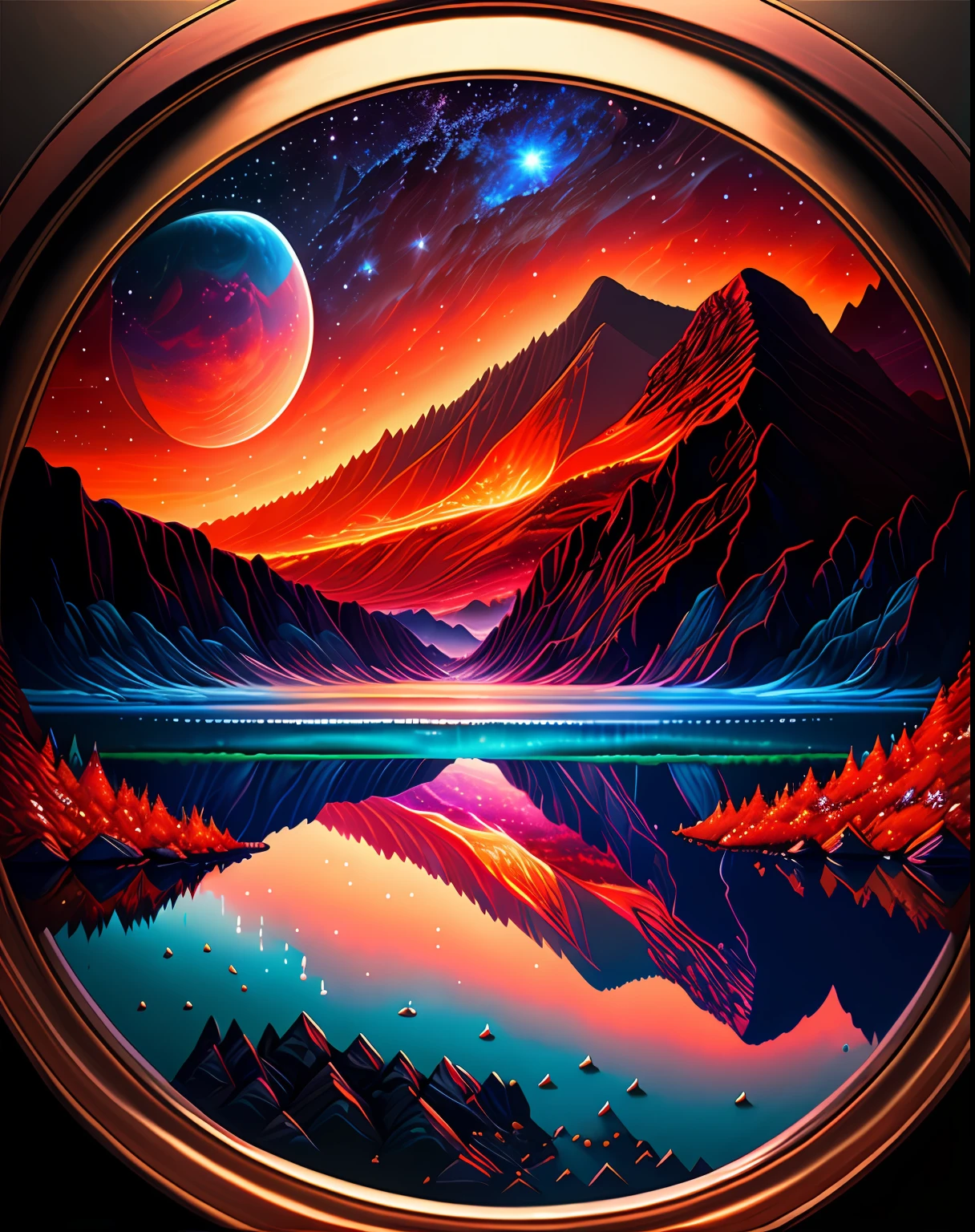 A beautiful earth filled with water and lava, intricate, masterpiece, expert, insanely detailed, 4k, composition, framing, centered, symmetry, painted, intricate, volumetric lighting, beautiful, rich deep colors masterpiece, sharp focus, ultra detailed, in the style of dan mumford and marc simonetti, astrophotography