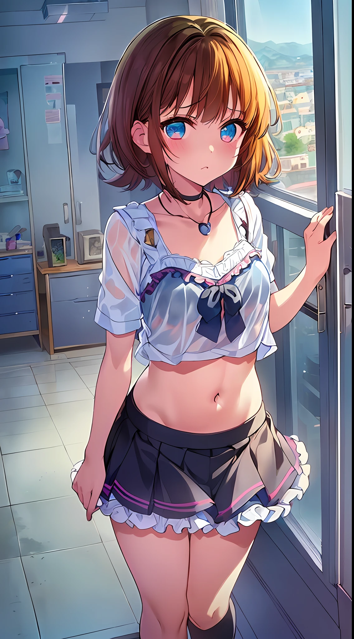 Full Body, Full Body Illustration, Best Illustration, Schoolchild, (((Best Quality)), ((Masterpiece)), (Details: 1.4), Anatomical, Award-winning concept art, Beautiful, fine details, portraits, Look at the Viewer, ((Show Full Body)), 1 Girl, Full Body, Solo, , Idol, Child Actor, Golden and Brown Hair, Short Hair, Blue and Pink Eyes, Big Eyes, Vine Peta, Cute Ruffled Underwear, Panties, Skirt, White panties, Wet, Shirt, Wet clothes, Skirt lift, Blush, Classroom, Navel out, Clothes lift,Simple background, Lift yourself, Show bra, Idol fashion, Ruffles, Look away, Short sleeves, loli, skinnlementary school, last scene of movie, loli, child, cuyoung, juvenile, young appearance, nipples, fantastic visual depiction, professional effects, Beautiful girl, petite girl, city see-through material, unevenness, absurdity,