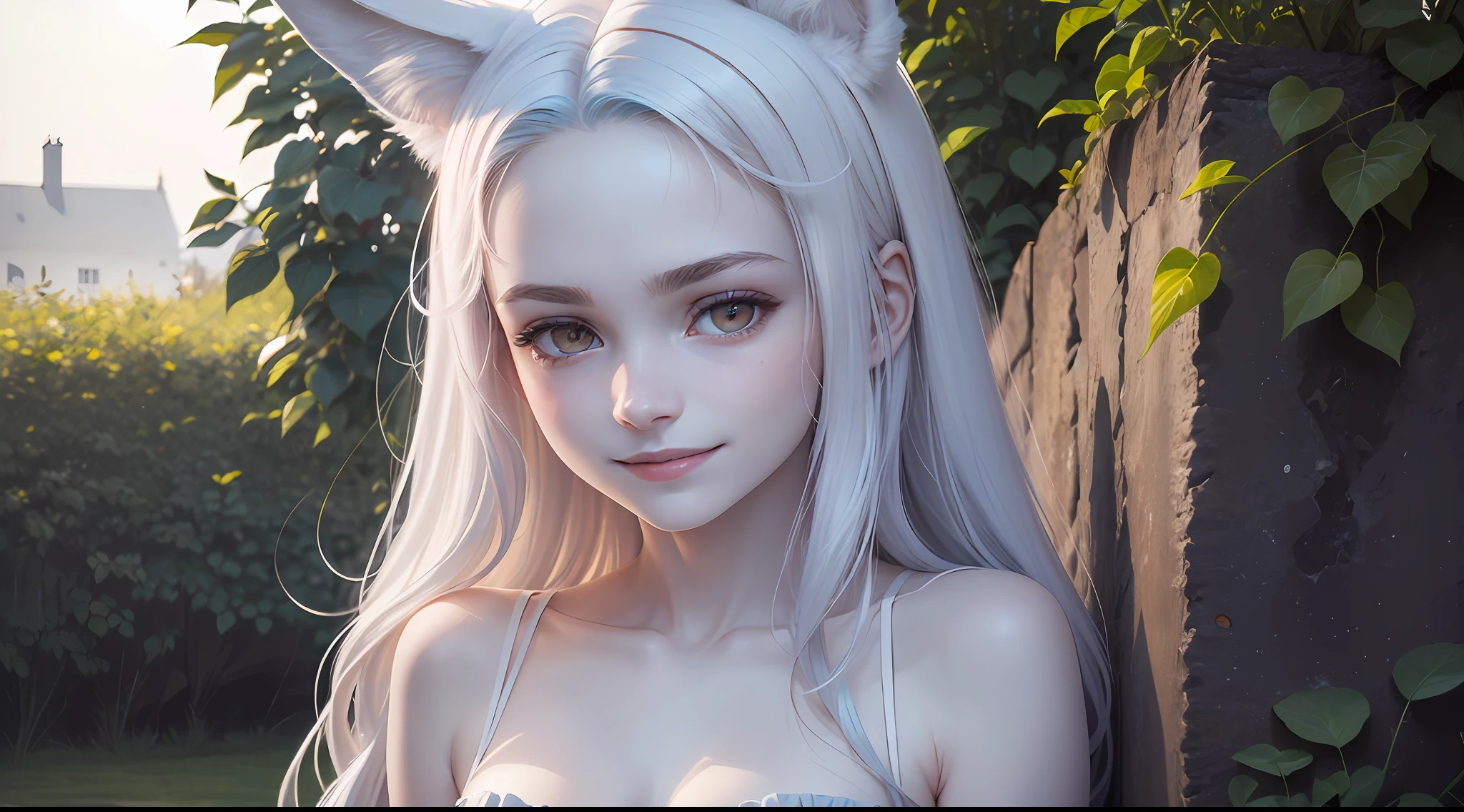 masterpiece,best quality,(((ultra-detailed))),(((8K))),detailed light,detailed shadow,RAW,(detailed skin:1.3),(realistic:1.6), french girl face,(ultra-detailed face),(18 years old :1.5) ,((blue hairs :1.5)),(( red-eyes : 1.5)),portrait, (shy looking:1.5) , (innocent look:1.6),(( pussy juice flowing : 1.6 )), ((very pale skin:1.8)), on grass in a beautiful garden,(small breats: 1.5), fox ears, (smile:1.4)