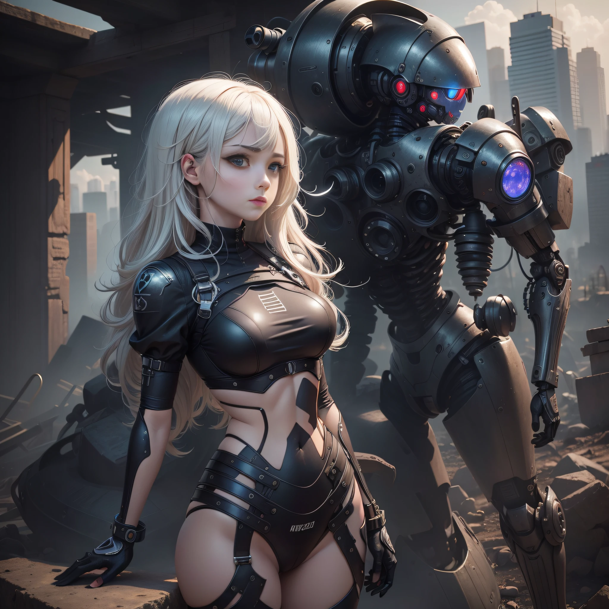 (foto RAW, highest qualityr, obra maestra: 1.2), (realista, fotorrealista: 1.4), (obra maestra: 1.4), (highest qualityr: 1.4), (Super detailed), NIER 2b Automaton, ((Unidad Yorha no 2 tipo B)), ((alto contraste)), (high saturation), (hermosos ojos de detalle), ((muy delicado y hermoso)), (manos encantadoras, manos perfectas), ((Cinco dedos precisos, dedos hermosos femeninos)), (The background is a mechanical cybernetic city in ruins..), ((view from back)), ((trasero perfecto)), ((perfecto, Falda muy, muy corta)), 1 girl in, solamente, Cabello largo, Bloqueo lateral, asymmetrical bangs, Hermoso cabello de vidrio detallado, bodysuit, Guantes negros, pechos grandes, Al aire libre, Ingesta de cabello, Traje imposible, Ropa imposible, mangas largas, Ver visor, Bikini grueso de cuero negro, cuero negro con superficie rugosa, cyber suit, Intricate pattern on the surface of the suit, piezas finas, ojos azul claro, ( ropa muy brillante), piel tensa, gran escote, vientre tonificado, Abdominales divididos, Brecha entre el muslo, muslos delgados, (Trasero apretado, small  hips, Small rear, Little tramp, cadera diminuta, lindo trasero, caderas delgadas), (piel brillante), (real), Pose sexy, Cybernate_ Jawless, Machine Parts, Cybernate, Urbansamurai_v0.3, apagado_robot, robot, Mechaware, tattoo with pattern or letter on bare skin