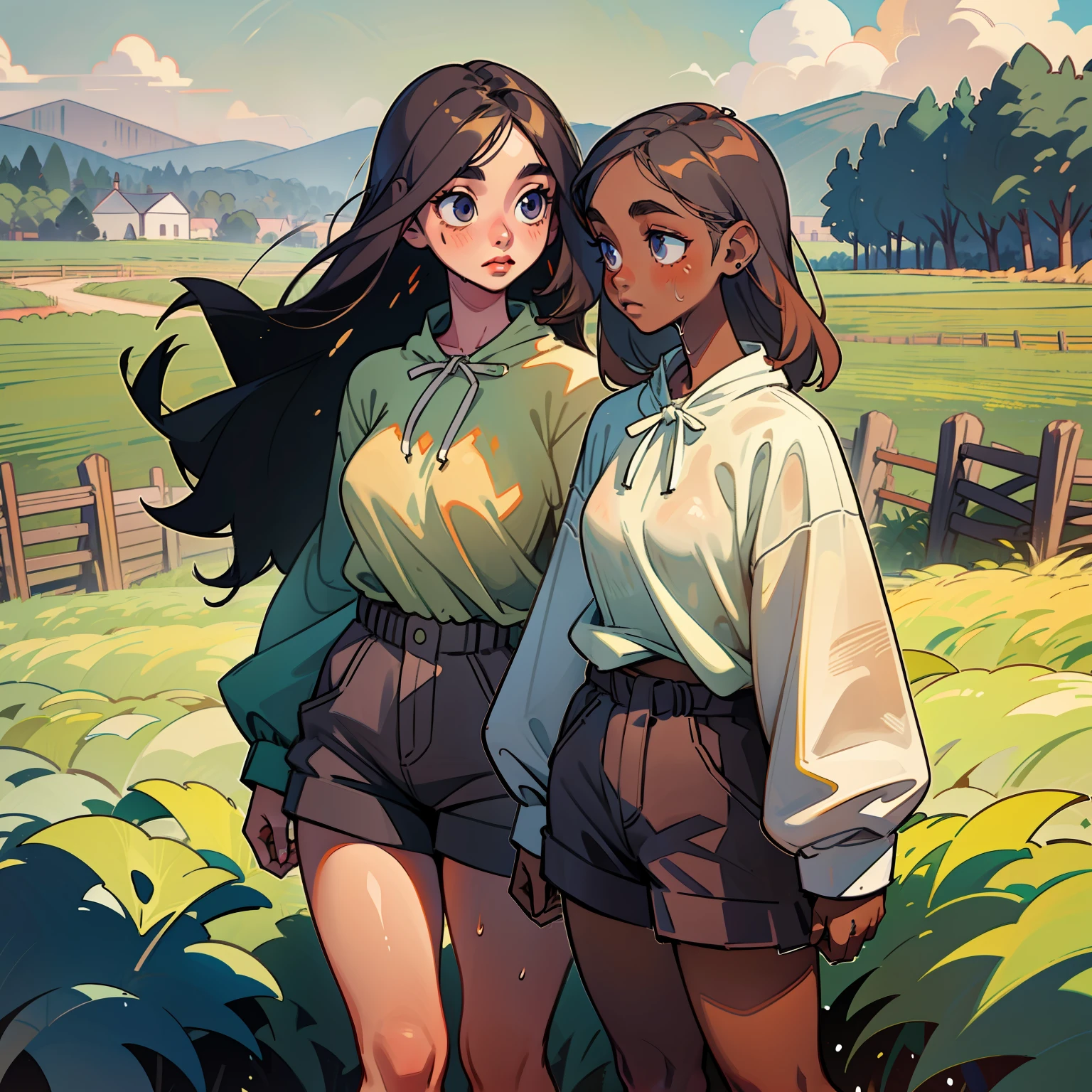 two girls, 1 light skin, 1 dark skin, different eyes, nose, ear, eyebrow, big straight hair, farm clothes, wet clothes, thin waist, thick legs, big thighs, background scenery, dirt road, countryside, beautiful day, lighting