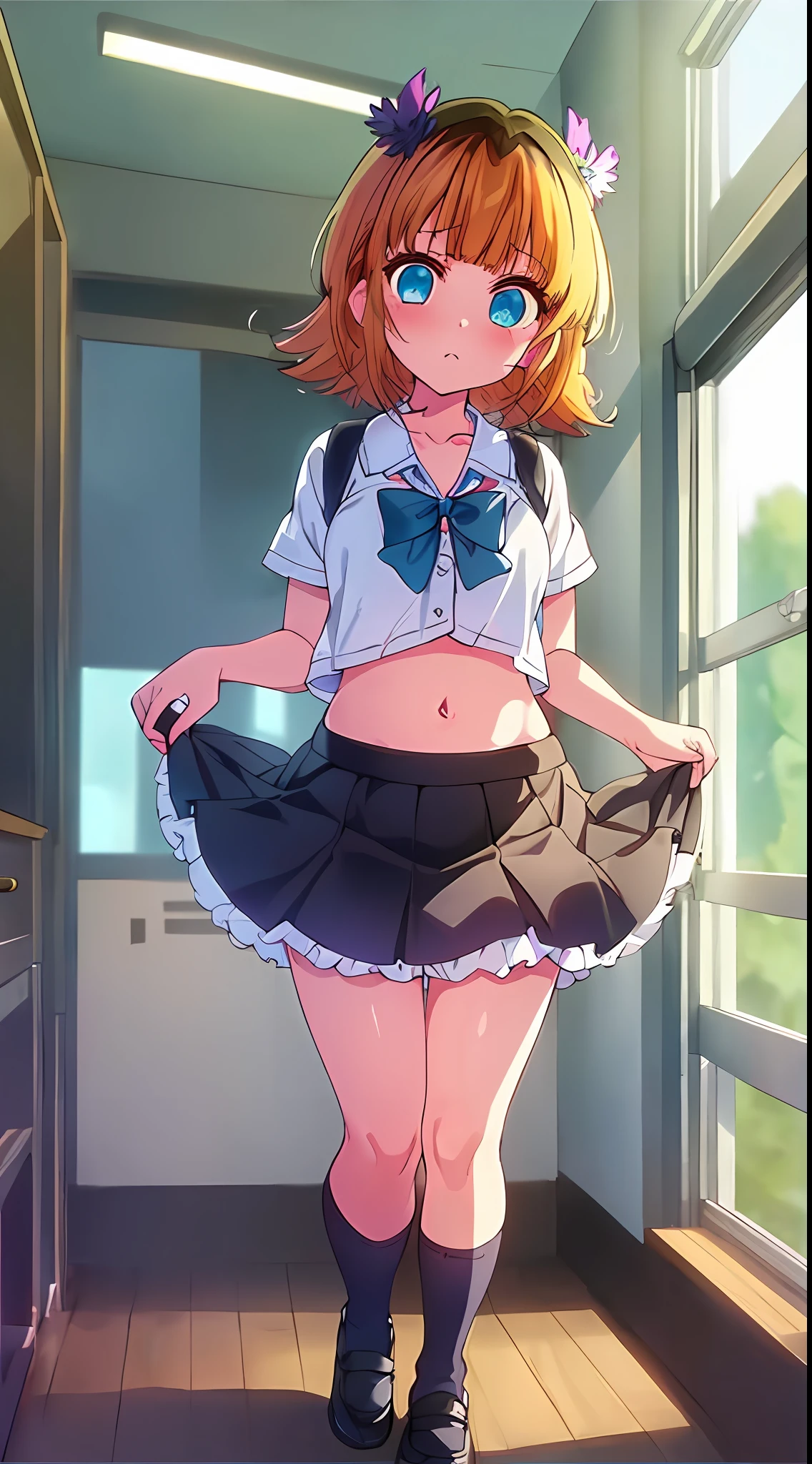 Full Body, Full Body Illustration, Best Illustration, Schoolchild, (((Best Quality)), ((Masterpiece)), (Details: 1.4), Anatomical, Award-winning concept art, Beautiful, fine details, portraits, Look at the Viewer, ((Show Full Body)), 1 Girl, Full Body, Solo, 3 Years Old, Idol, Child Actor, Golden and Brown Hair, Short Hair, Blue and Pink Eyes, Big Eyes, Vine Peta, Cute Ruffled Underwear, panties, skirt, white panties, wet, shirt, wet clothes, skirt lift, blush, classroom, belly button, clothes lift,simple background, lift yourself, show bra, idle fashion, , look away, short sleeves, loli, skinny, elementary school, last scene of movie, loli, child, cute, young, juvenile, young appearance, fantastic visual depiction, professional effects, beautiful girl, petite girl, clothes are sheer, uneven, absurd,