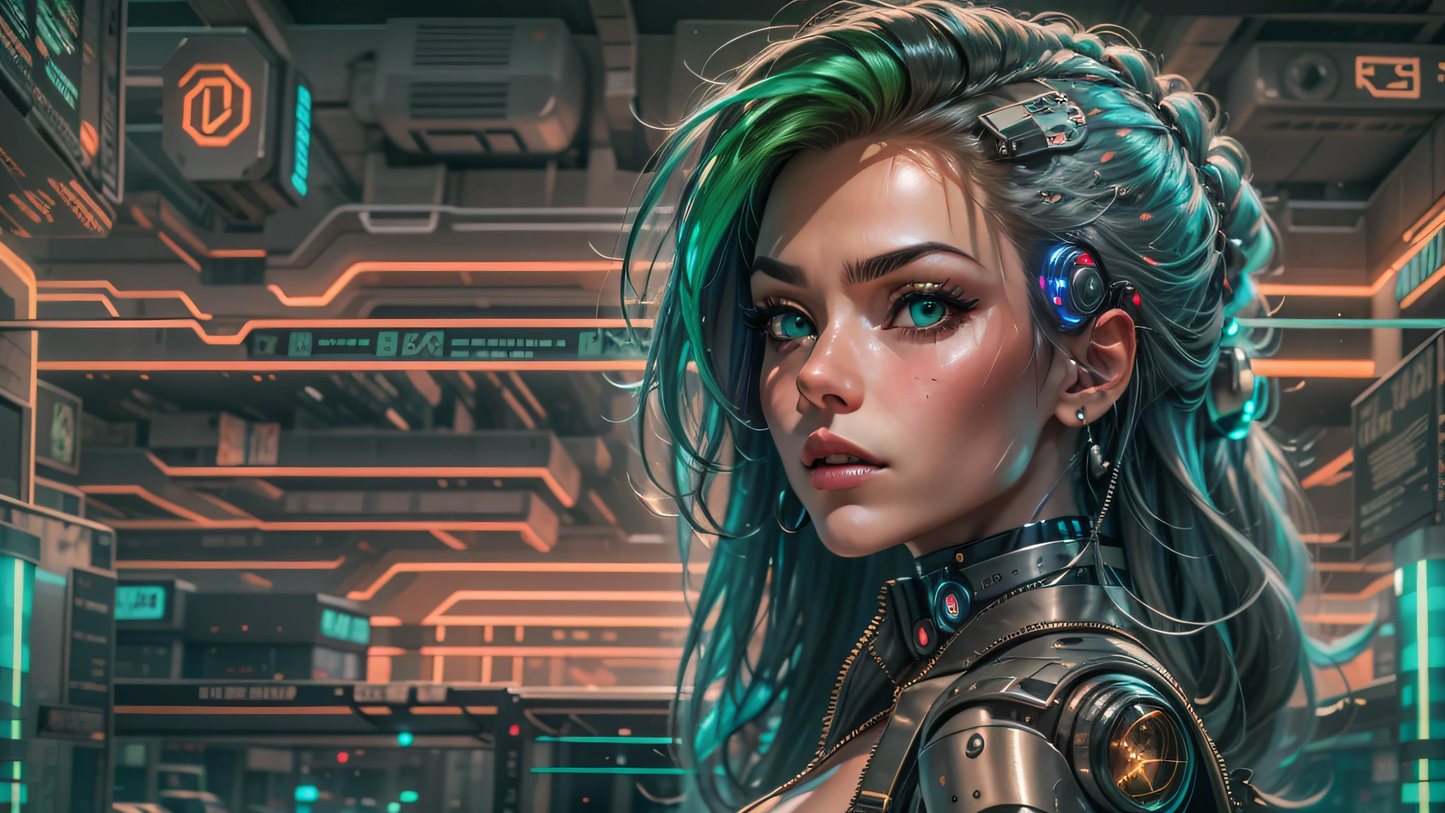 Uma garota cyberpunk com cabelo rosa curto e espetado, bright green eyes and a circuit tattoo on the neck. Ela usa um casaco de couro preto com detalhes em neon, uma blusa branca rasgada, a pair of grey jeans and black boots. She has a bionic arm with metal claws and a neural interface implant in her right temple. She holds a laser pistol in her left hand and a holographic device in her right hand. She's on a busy street in a futuristic city, surrounded by tall buildings, Tecidos gigantes, carros voadores e pessoas de diferentes estilos e etnias. She has a confident and defiant expression, como se estivesse pronta para enfrentar qualquer perigo., High detail, arte conceitual, Futurismo, Cinematic lighting, profundidade de campo, motion blur, First-person view, cowboy shot, de baixo, Reflexo da lente, Sony FE GM, 85 millimeters, F/4.0, ultra-grande angular, 360 view, 8k, Alto, best quality, Concedido, alta qualidade, detalhes altos, super detalhe, pele texturizada, anatomicamente correto, ccurate, master part, UHD, retina