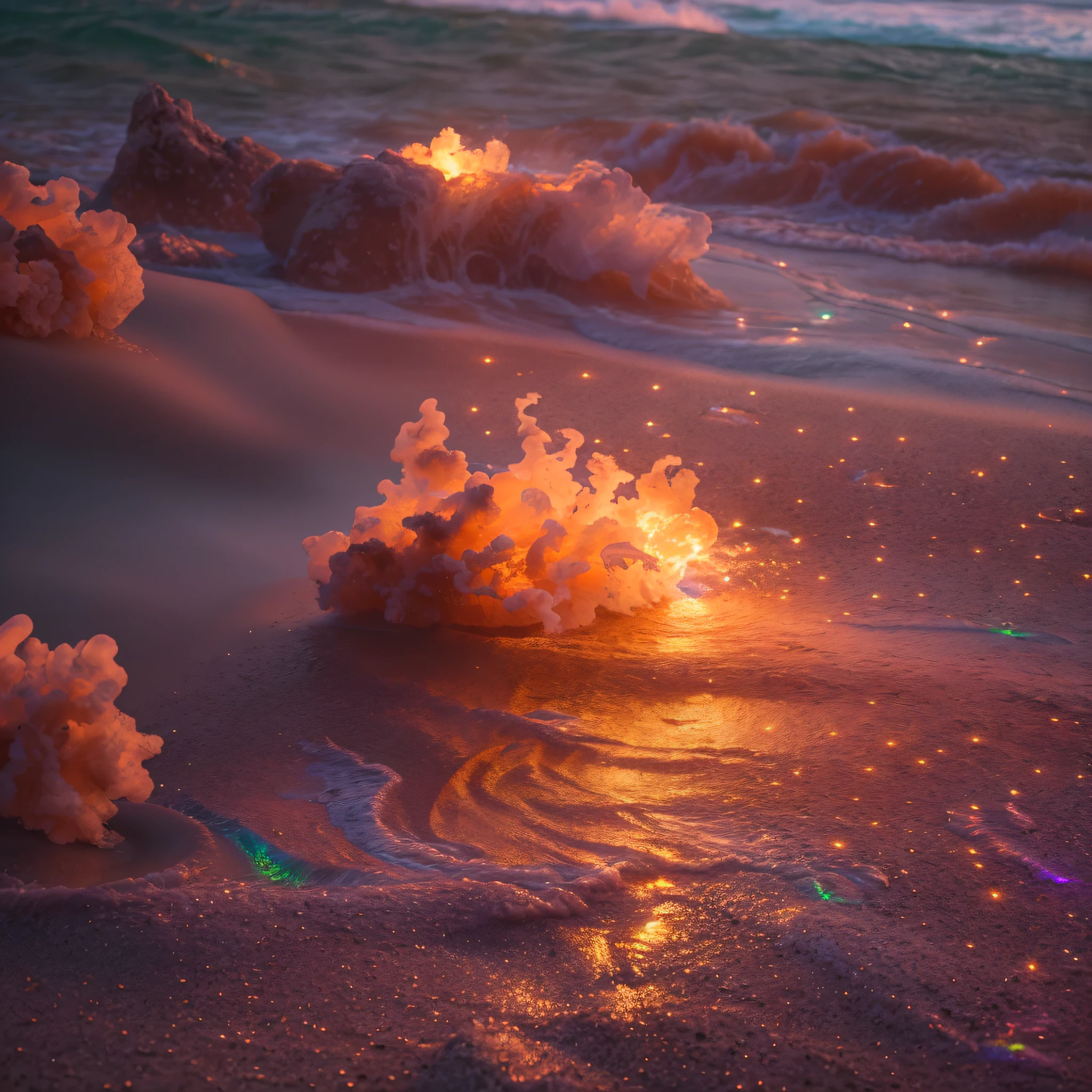 fire on beach, sand, flaming rain, fantasy inside, steam, sunset, flowers, masterpiece, best quality, ultra high res, RAW, Mirleft, splashing rainbows, waves crashing, sand, foam, opalescent, (Photoluminescence water), bioluminescence, clear, Cinematic RAW photo, hyper real photo, ultrarealistic, 8k uhd, dslr, soft lighting, high quality, film grain, Fujifilm XT3, photographed on a Kodak Retina II Sanyo Xacti VPC-CA6, 50mm lens, Wide Angle, HDR, hyper-realistic, colorgraded, volumetric lighting, [volumetric fog, moist], shallow depth of field, reflections, photo, (sparkling), glistening, (iridescent), glimmering, clear, shimmering, mystical, enchanting, glittering, Morocco, exotic, (masterpiece) (best quality) (detailed) (8k) (HDR) (wallpaper) (cinematic lighting) (sharp focus) (intricate), romantic, celestial