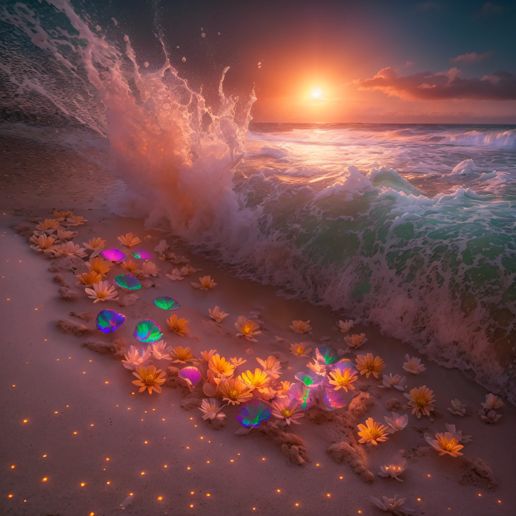 fire on beach, sand, flaming rain, fantasy inside, steam, sunset, flowers, masterpiece, best quality, ultra high res, RAW, Mirleft, splashing rainbows, waves crashing, sand, foam, opalescent, (Photoluminescence water), bioluminescence, clear, Cinematic RAW photo, hyper real photo, ultrarealistic, 8k uhd, dslr, soft lighting, high quality, film grain, Fujifilm XT3, photographed on a Kodak Retina II Sanyo Xacti VPC-CA6, 50mm lens, Wide Angle, HDR, hyper-realistic, colorgraded, volumetric lighting, [volumetric fog, moist], shallow depth of field, reflections, photo, (sparkling), glistening, (iridescent), glimmering, clear, shimmering, mystical, enchanting, glittering, Morocco, exotic, (masterpiece) (best quality) (detailed) (8k) (HDR) (wallpaper) (cinematic lighting) (sharp focus) (intricate), romantic, celestial