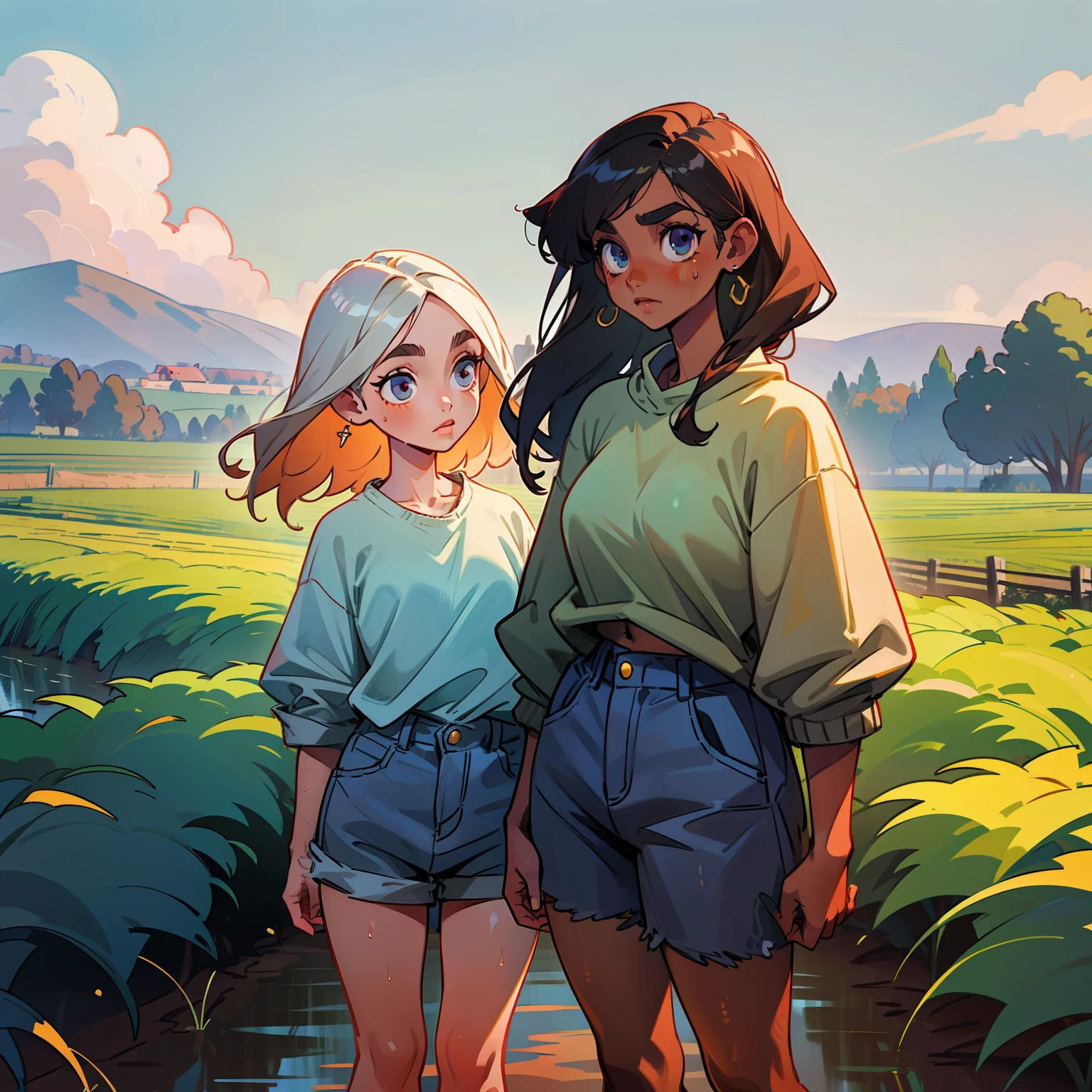 two girls, 1 light skin, 1 dark skin, different eyes, nose, ear, eyebrow, big straight hair, farm clothes, wet clothes, thin waist, thick legs, big thighs, background scenery, dirt road, countryside, beautiful day, lighting