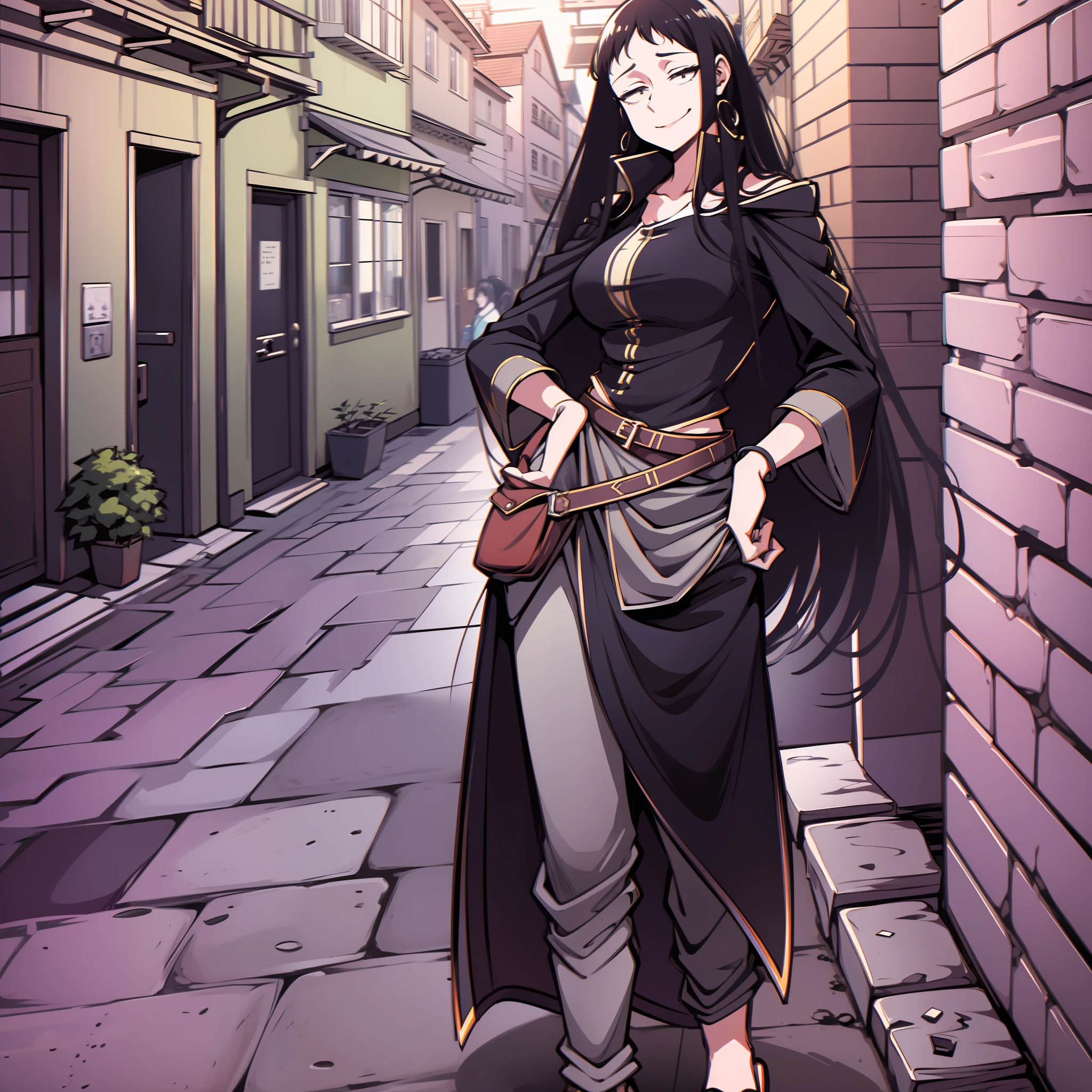 koumori_kuroko, black hair, hime cut, walking,pants, long hair, medium breast, 1girl, cloak, blacl cloths,, medieval, smile, black eyes,baggy eyes, wizard, village, traditional german cloths, long hair, flip flops, medieval village, europe, goth, portrait