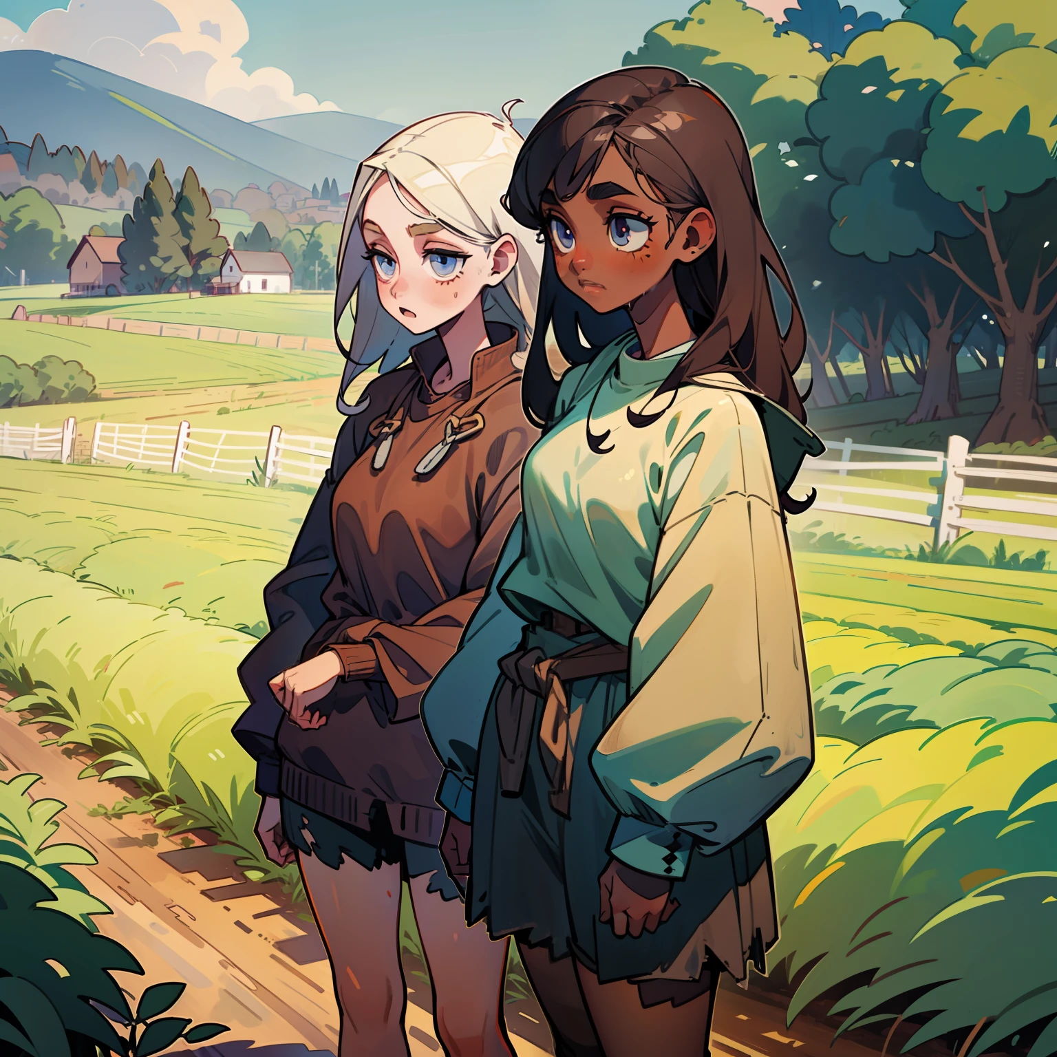 two girls, 1 light skin, 1 dark skin, different eyes, nose, ear, eyebrow, big straight hair, farm clothes, wet clothes, thin waist, thick legs, big thighs, background scenery, dirt road, countryside, beautiful day, lighting