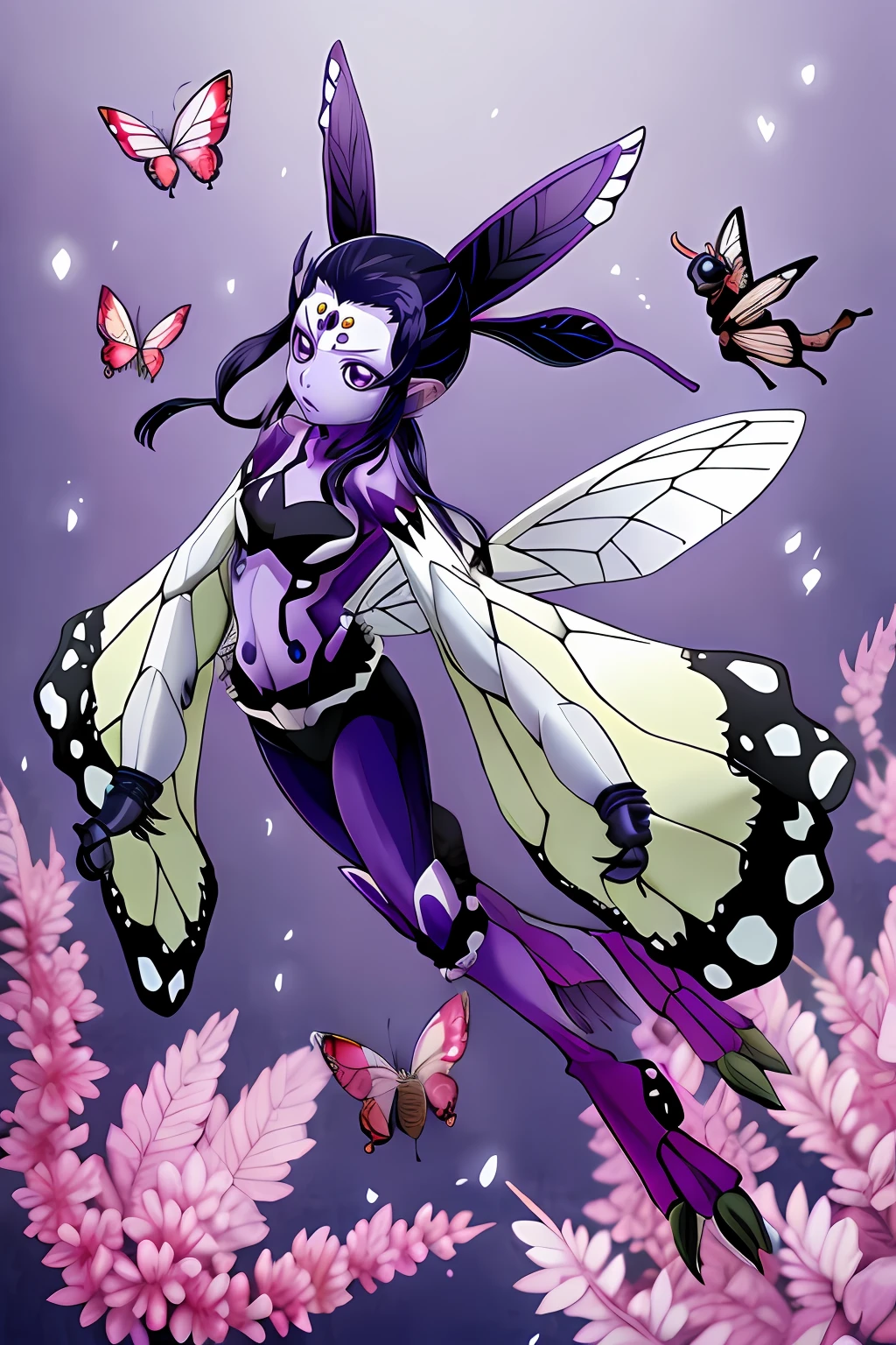 Kochou Shinobu as a Digimon, 1girl,masterpiece, multicolored hair, long sleeves, purple eyes, Insect , fairy  ,Butterfly like, digimon\(creature\),((Purple Skin)), Butterfly wing, Insectoid arms ((,insect limbs))