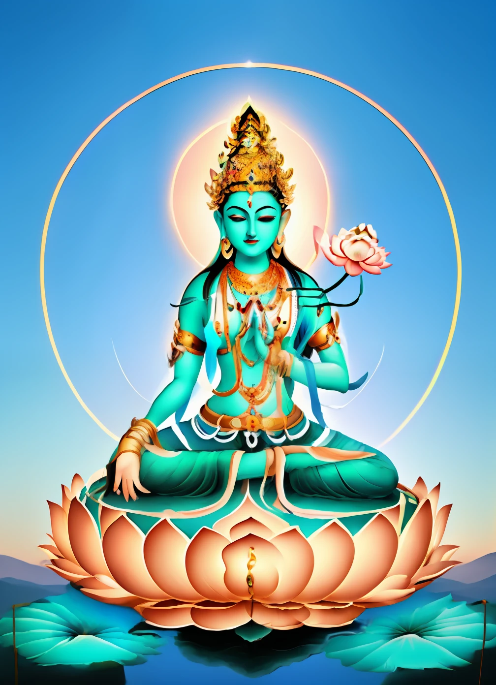 There is a beautiful goddess sitting on a large lotus flower in the void，Perfect body posture，Cross-legged sacral position，Long curved eyebrows，Beautiful eyes sparkle，The large, Jewel-like eyes sparkle，Clear pupils have reflected light，二重まぶた，（（Plump and rosy lips））Nipples clearly visible，（（Flushed cheeks）），The mandible is plump，Fair skin is delicate and smooth，Delicate skin translucent，A delicate and dexterous crown，inlaid gemstones，Exquisite and ingenious，inlaid gemstones，Sitting on a light red lotus in the air，look straight at the camera，（（Pinch the stem of the lotus flower with one hand）），(((nice hand)))，（（（（Good feet））），（（（good legs））），realisticlying，white skinned，（（Correct body structure）），White clothing，decorated in white，Meditate on the lotus pose，baiyun，Blue sky，Head background with round light，Behind him is a colorful rainbow circle，Color glow is turned on，Front lighting，Positive light，No shadows on the face，There are no shadows on the body，Blue sky，Unreal space，ethereal world，dreamworld，with blue sky and white clouds，tmasterpiece，4K，ultra-definition，professional photoshooting，Perspective looks up，Standard lens shooting，