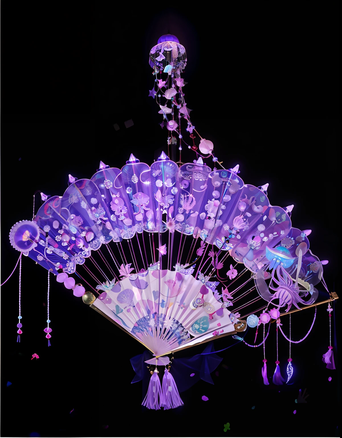 Purple fan,Stars and pearls hang on it, lavishly decorated, inspired by Fan Qi, jellyfish pheonix, jellyfish headdress, year 1 9 0 0, In 1850, glowing imperial motifs, Purple glow, 1 9 2 0, Oriental fantasy, light violet, neon jellyfish headdress, jellyfish pheonix, erte, glowing purple