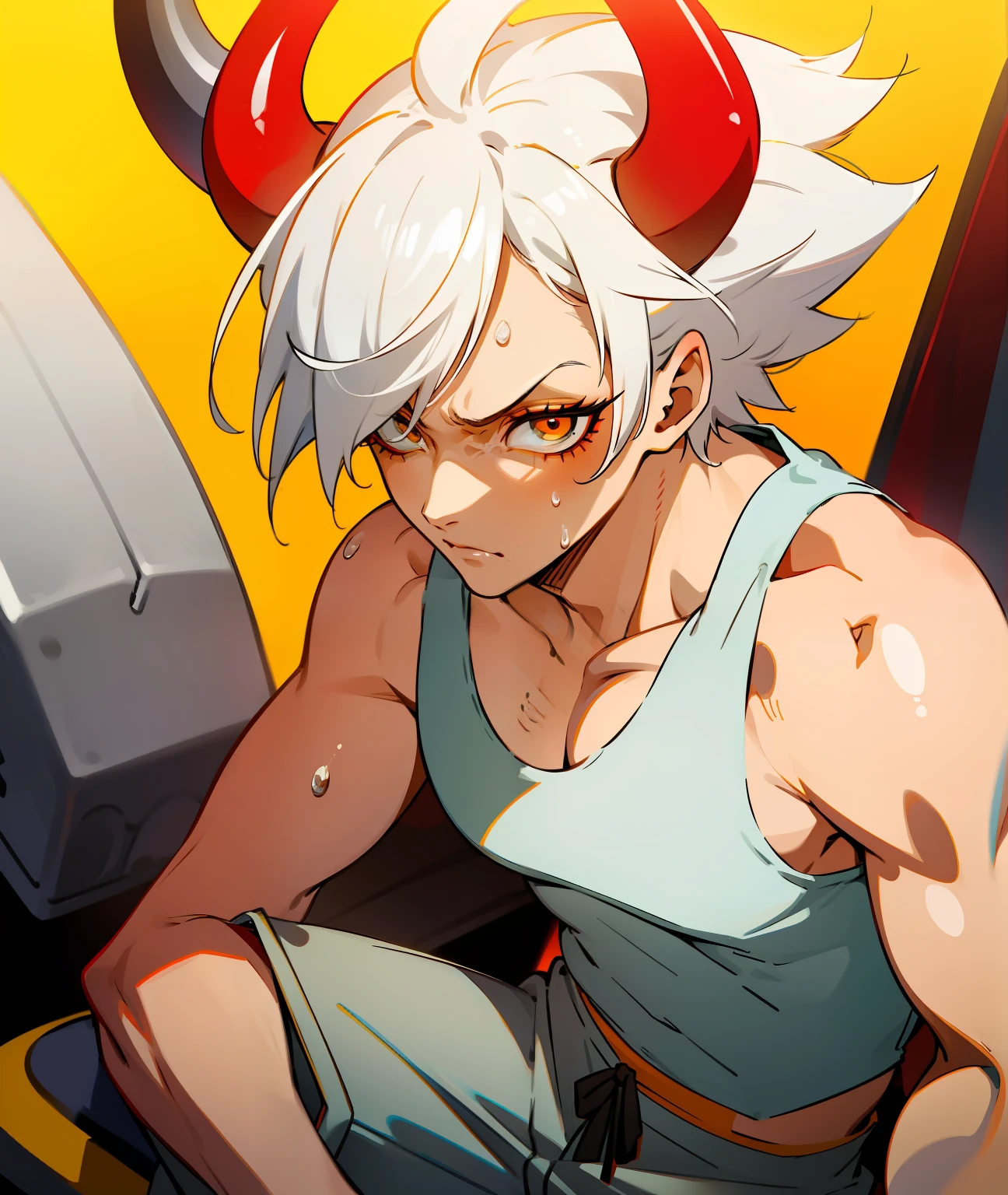 1boy, white hair, short hair, messy hair, eyes covered, horns, red and yellow horns, eyelashes, eye makeup, chill, Oni, slim, calm, tank top, grey sweatpants