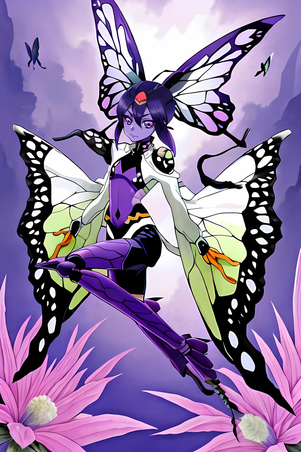 Kochou Shinobu as a Digimon, 1girl,masterpiece, multicolored hair, long sleeves, purple eyes, Insect , fairy ,Butterfly like, digimon\(creature\),((Purple Skin)), Butterfly wing, Insectoid arms ((,insect limbs))