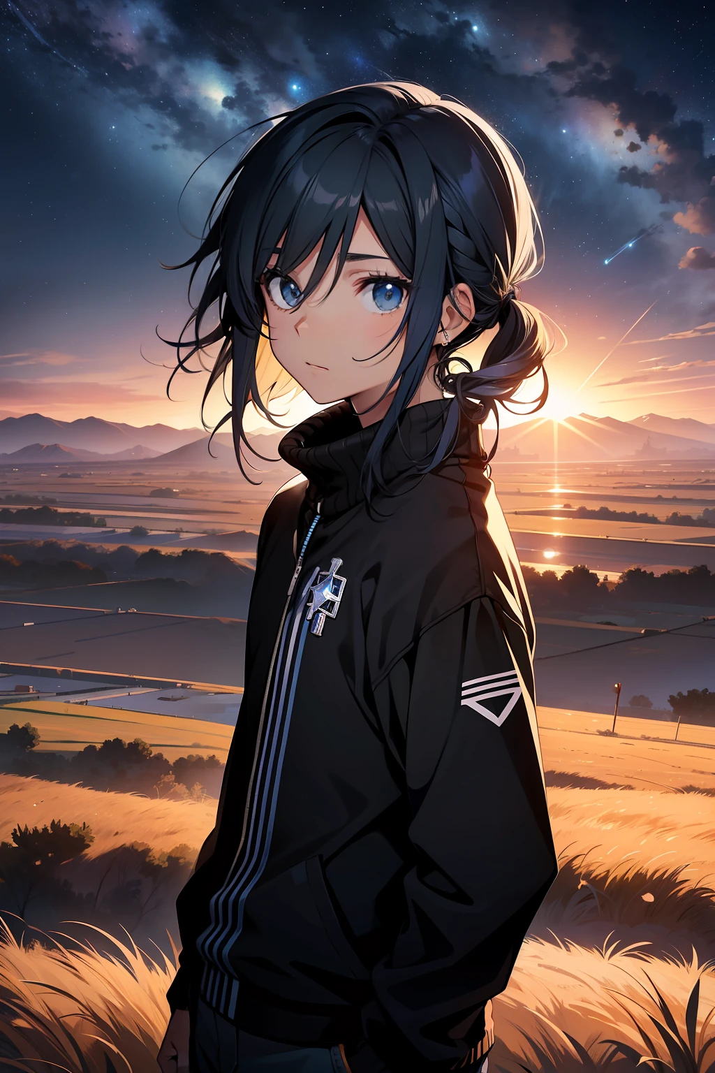 "Jovem de , garoto, homem, cabelo azul escuro, Walking on the plains, black sweater, olhos azuis, penteado Kirito, in the nighttime, Stars in the sky, 4k."