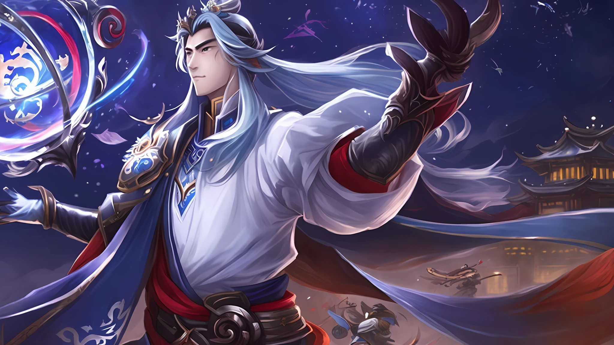 a closeup of a person holding a ball in a sky, Heise Jinyao, inspirado por Huang Shen, arte detalhada Onmyoji, Onmyoji, divindade de cabelos brancos, inspirado em Shen Zhou, xianxia hero, Bian Lian, Deus da Lua, Retrato de Onmyoji, Zhao Yun, inspirado em Shen Quan, inspirado em Hu Zaobin, sarcastic smile