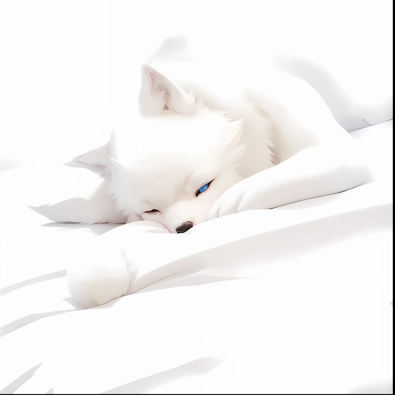 On the soft bed lay a white dog,The bed was covered with white sheets, White fox, white fox anime, White-haired fox, Vampire White Fox, ethereal fox, Soft anime illustration, White wolf, very very beautiful furry art, A white wolf, soft digital painting, White fur, white wolf with blue eyes, lovely digital painting, furry wolf, furry digital art,The eyes do not change