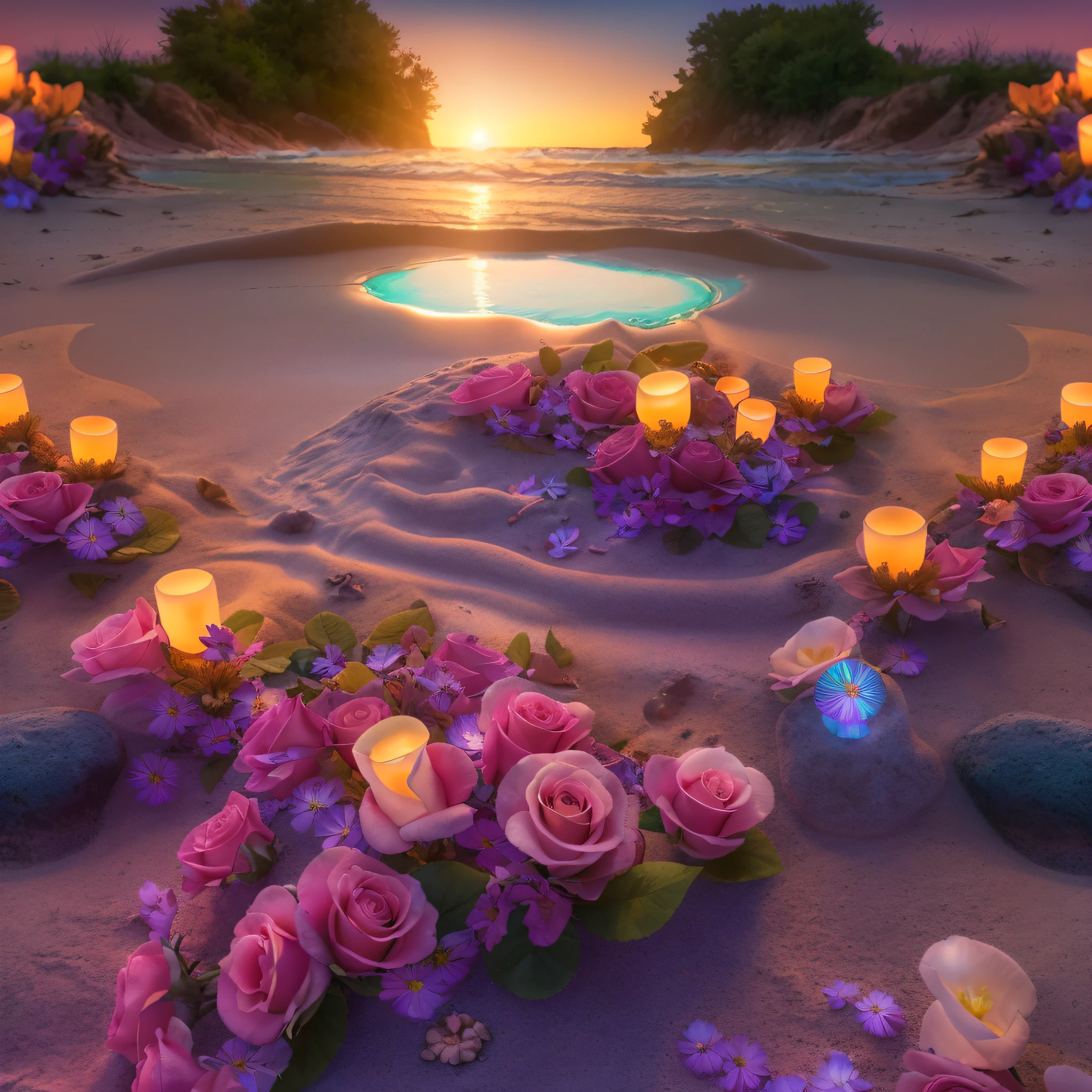 big bonfire, gorgeous beach, fantasy inside, roses, steam, sunset, hotsprings, masterpiece, best quality, ultra high res, RAW, beautiful beach view, Mirleft, splashing rainbows, waves crashing, sand, foam, opalescent, (Photoluminescence water), bioluminescence, opal gems, agates, ((floating flowers)), clear, Cinematic RAW photo, hyper real photo, ultrarealistic, 8k uhd, dslr, soft lighting, high quality, film grain, Fujifilm XT3, photographed on a Kodak Retina II Sanyo Xacti VPC-CA6, 50mm lens, Wide Angle, HDR, hyper-realistic, colorgraded, volumetric lighting, [volumetric fog, moist], shallow depth of field, reflections, photo, (sparkling), glistening, (iridescent), glimmering, clear, shimmering, mystical, enchanting, glittering, Morocco, exotic, (masterpiece) (best quality) (detailed) (8k) (HDR) (wallpaper) (cinematic lighting) (sharp focus) (intricate), romantic, celestial