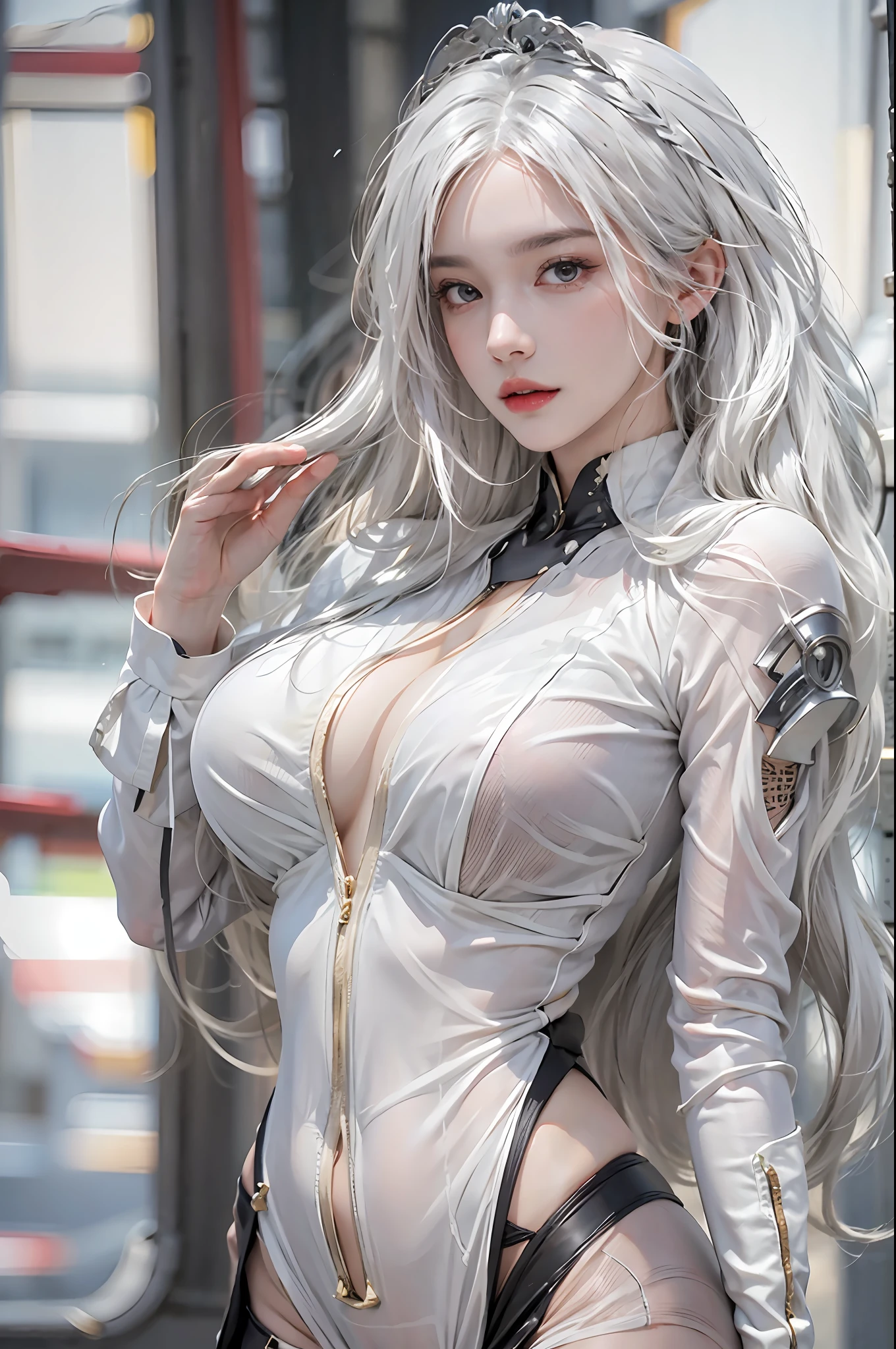 photorealistic, high resolution, 1women, solo, hips up, look at viewer, (detailed face), white hair, long hair, reverse bunnysuit